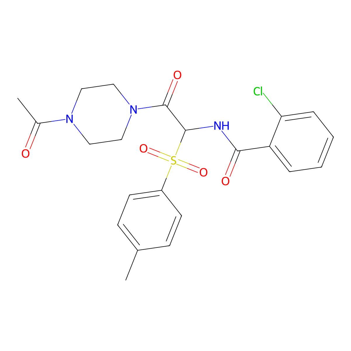 N-(2-(4-acetylpiperazin-1-yl)-2-oxo-1-tosylethyl)-2-chlorobenzamide molecular structure, CAS 1032189-90-4