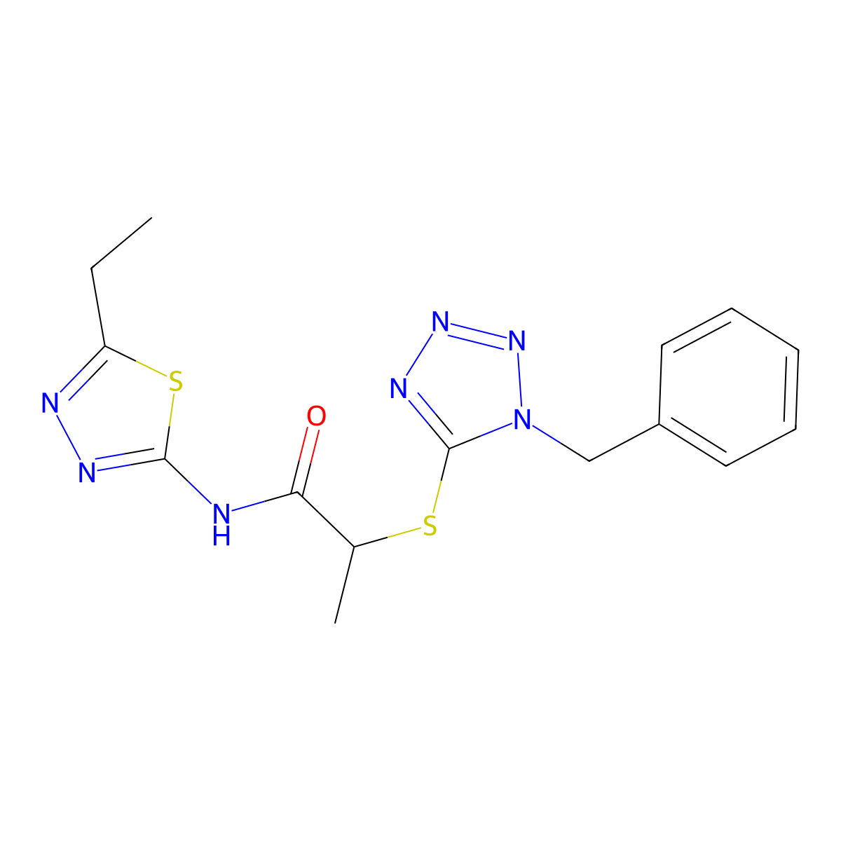 2-[(1-benzyl-1H-tetrazol-5-yl)sulfanyl]-N-(5-ethyl-1,3,4-thiadiazol-2-yl)propanamide molecular structure, CAS 1032228-44-6