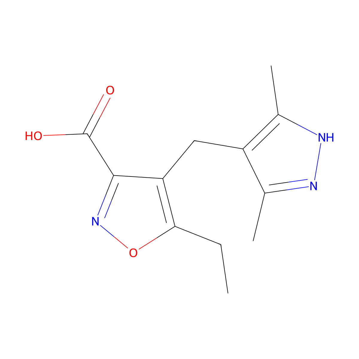 4-[(3,5-dimethyl-1H-pyrazol-4-yl)methyl]-5-ethylisoxazole-3-carboxylic acid molecular structure, CAS 1032296-44-8