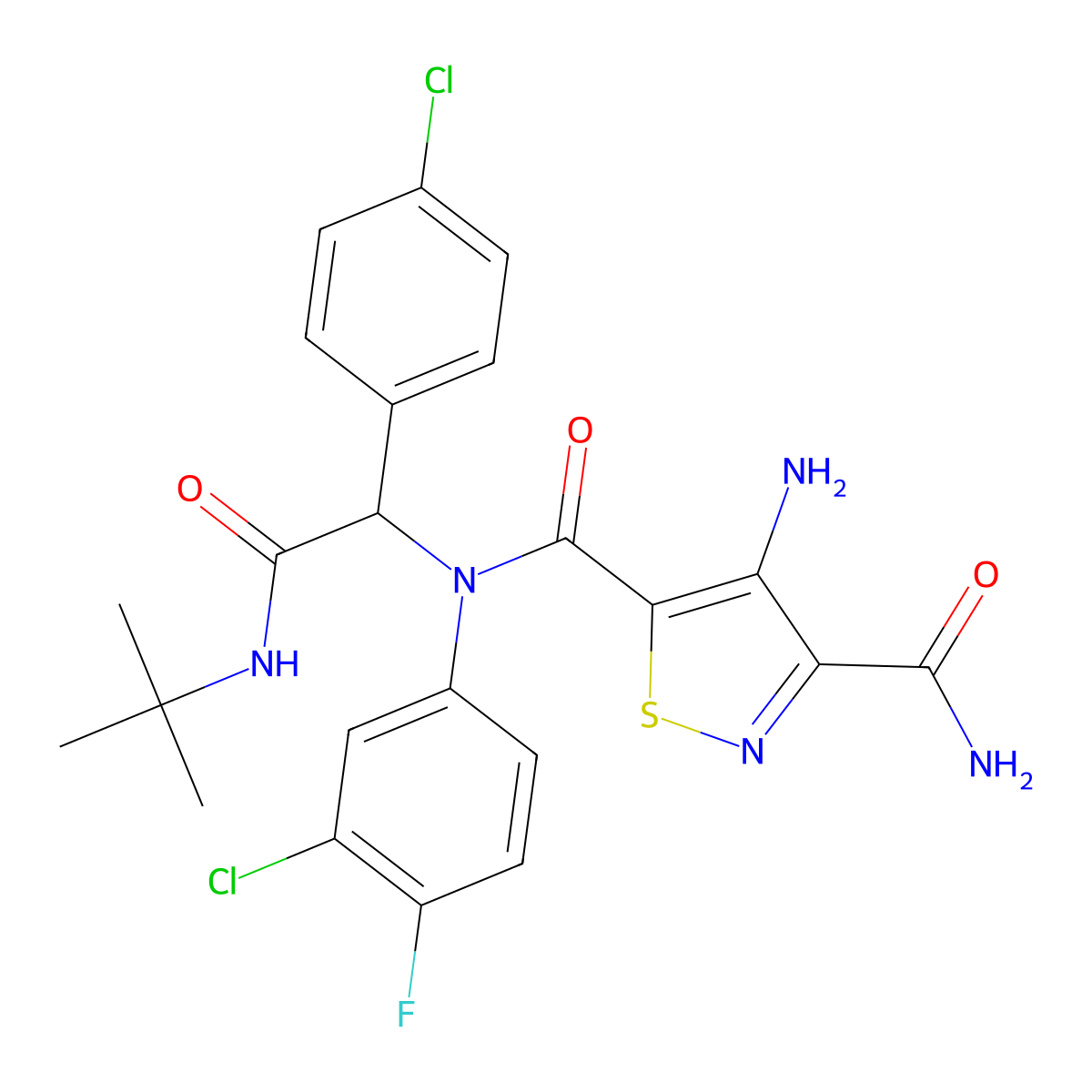 4-Amino-N5-(3-chloro-4-fluorophenyl)-N5-[1-(4-chlorophenyl)-2-[(1,1-dimethylethyl)amino]-2-oxoethyl]-3,5-isothiazoledicarboxamide molecular structure, CAS 1032298-79-5