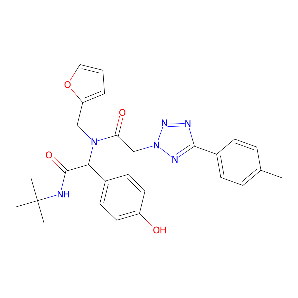 N-Tert-butyl-2-{N-[(furan-2-YL)methyl]-2-[5-(4-methylphenyl)-2H-1,2,3,4-tetrazol-2-YL]acetamido}-2-(4-hydroxyphenyl)acetamide molecular structure, CAS 1032304-95-2