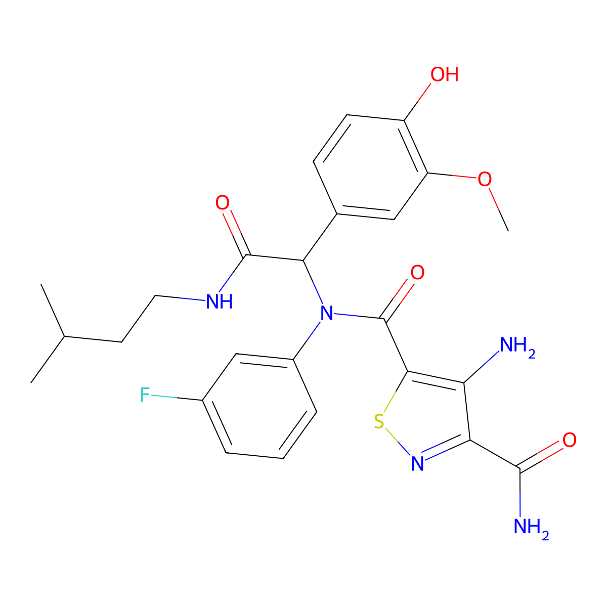 4-Amino-N5-(3-fluorophenyl)-N5-[1-(4-hydroxy-3-methoxyphenyl)-2-[(3-methylbutyl)amino]-2-oxoethyl]-3,5-isothiazoledicarboxamide molecular structure, CAS 1032370-02-7