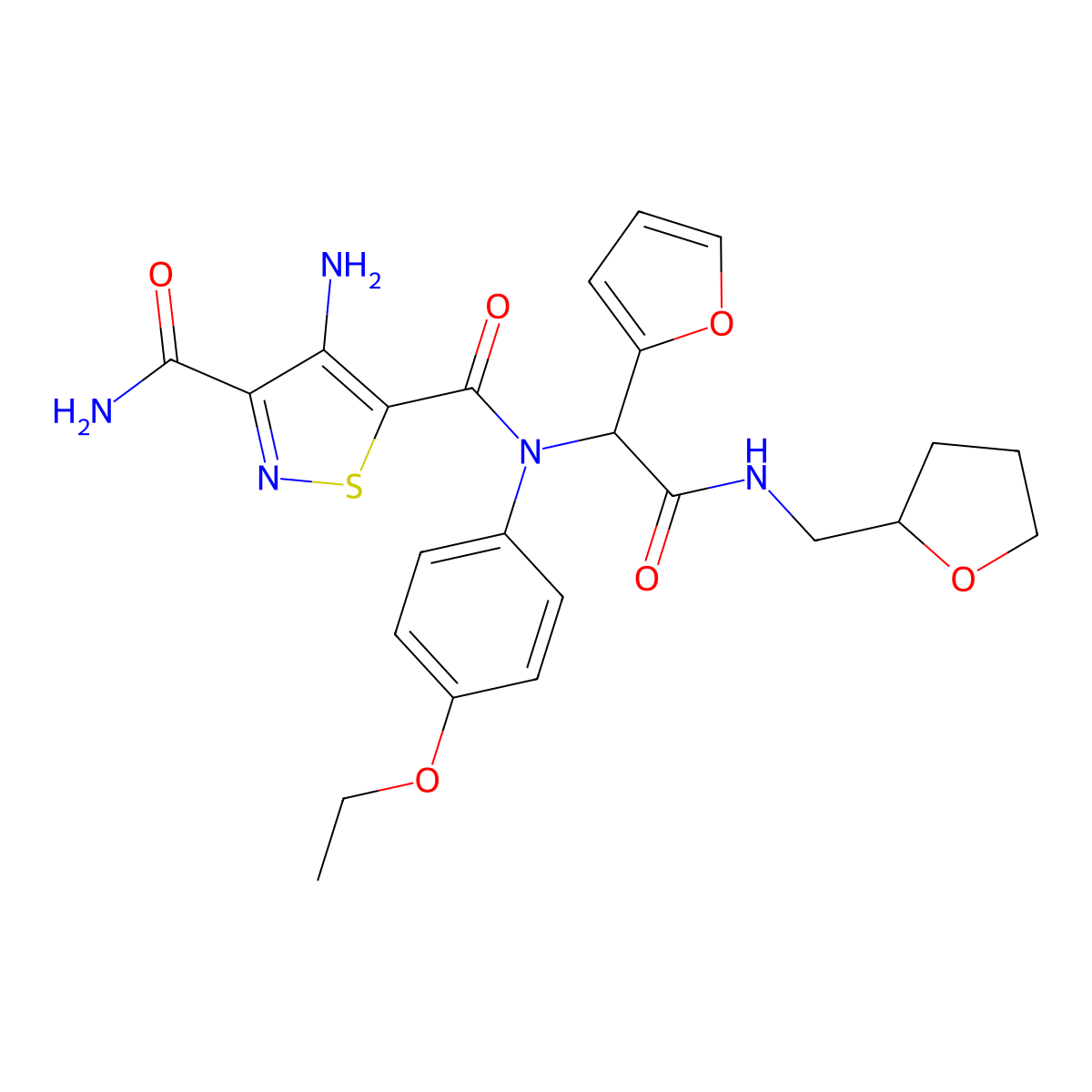 4-Amino-isothiazole-3,5-dicarboxylic acid 3-amide 5-((4-ethoxy-phenyl)-{furan-2-yl-[(tetrahydro-furan-2-ylmethyl)-carbamoyl]-methyl}-amide) molecular structure, CAS 1032568-67-4