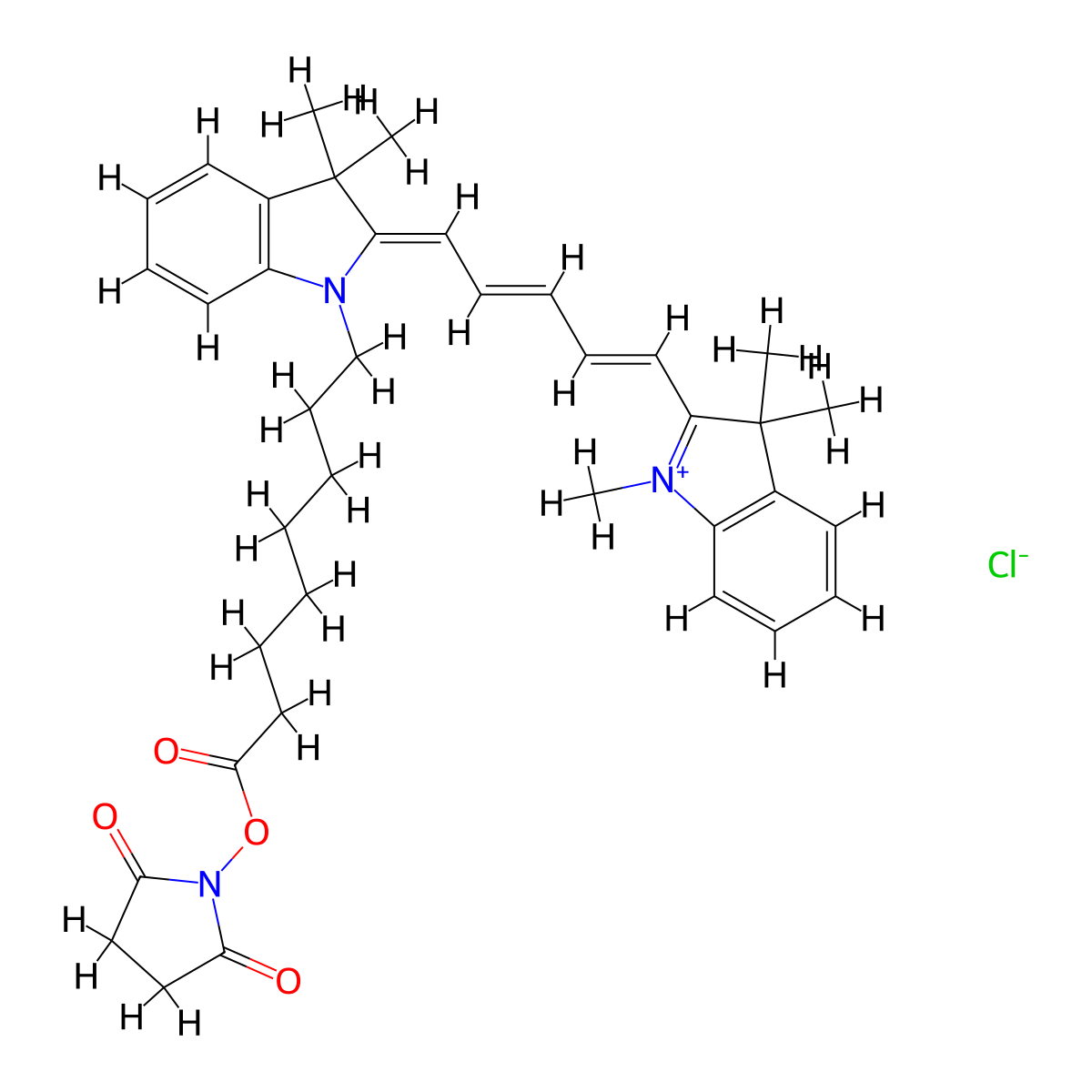 (2,5-Dioxopyrrolidin-1-yl) 8-[(2Z)-3,3-dimethyl-2-[(2E,4E)-5-(1,3,3-trimethylindol-1-ium-2-yl)penta-2,4-dienylidene]indol-1-yl]octanoate;chloride molecular structure, CAS 1032678-42-4