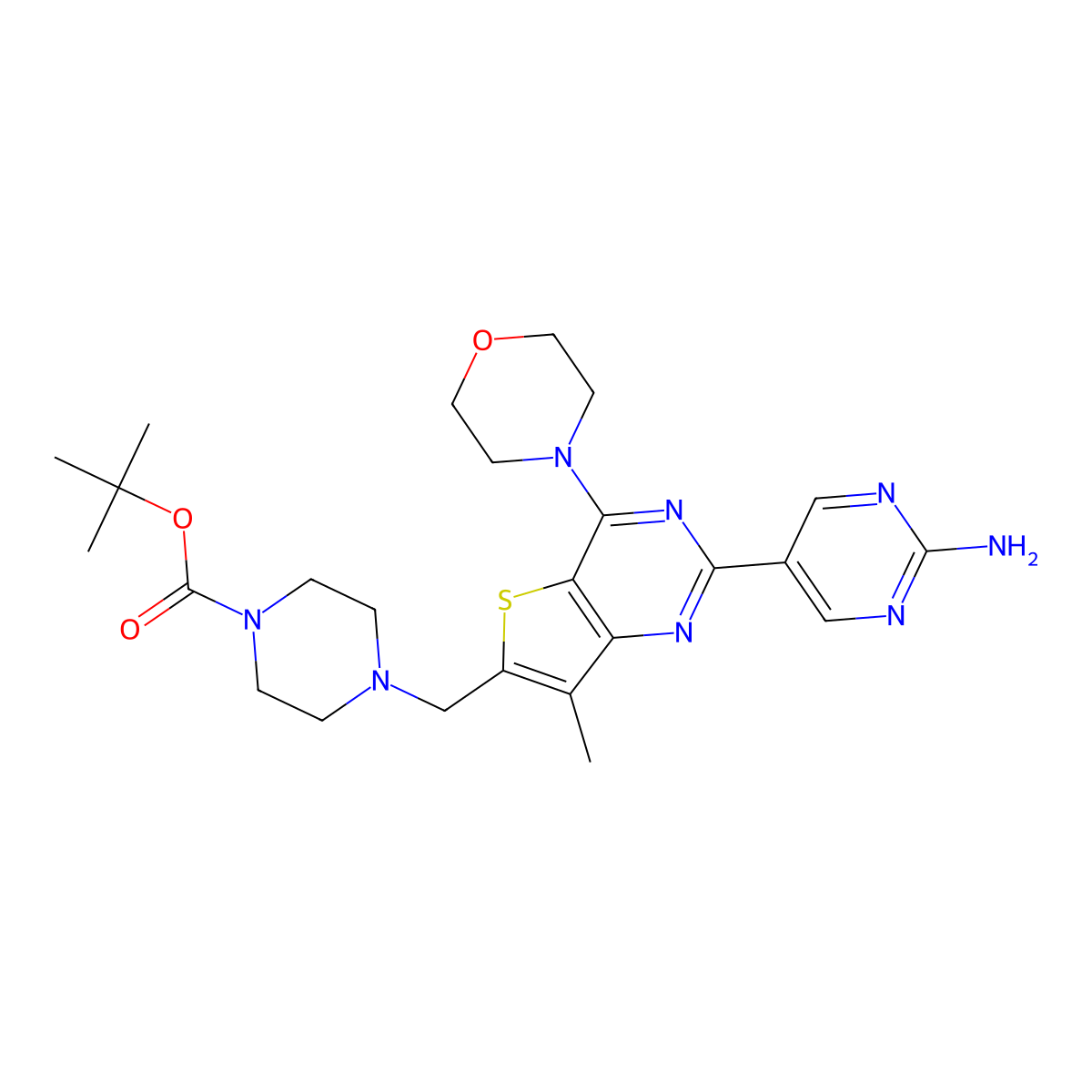 Tert-butyl 4-((2-(2-aminopyrimidin-5-yl)-7-methyl-4-morpholinothieno[3,2-d]pyrimidin-6-yl)methyl)piperazine-1-carboxylate molecular structure, CAS 1032756-20-9