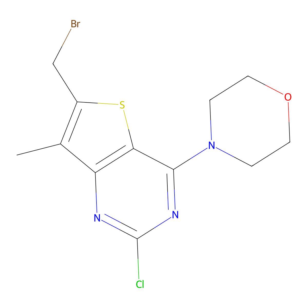 Thieno[3,2-d]pyrimidine, 6-(bromomethyl)-2-chloro-7-methyl-4-(4-morpholinyl)- molecular structure, CAS 1032758-45-4