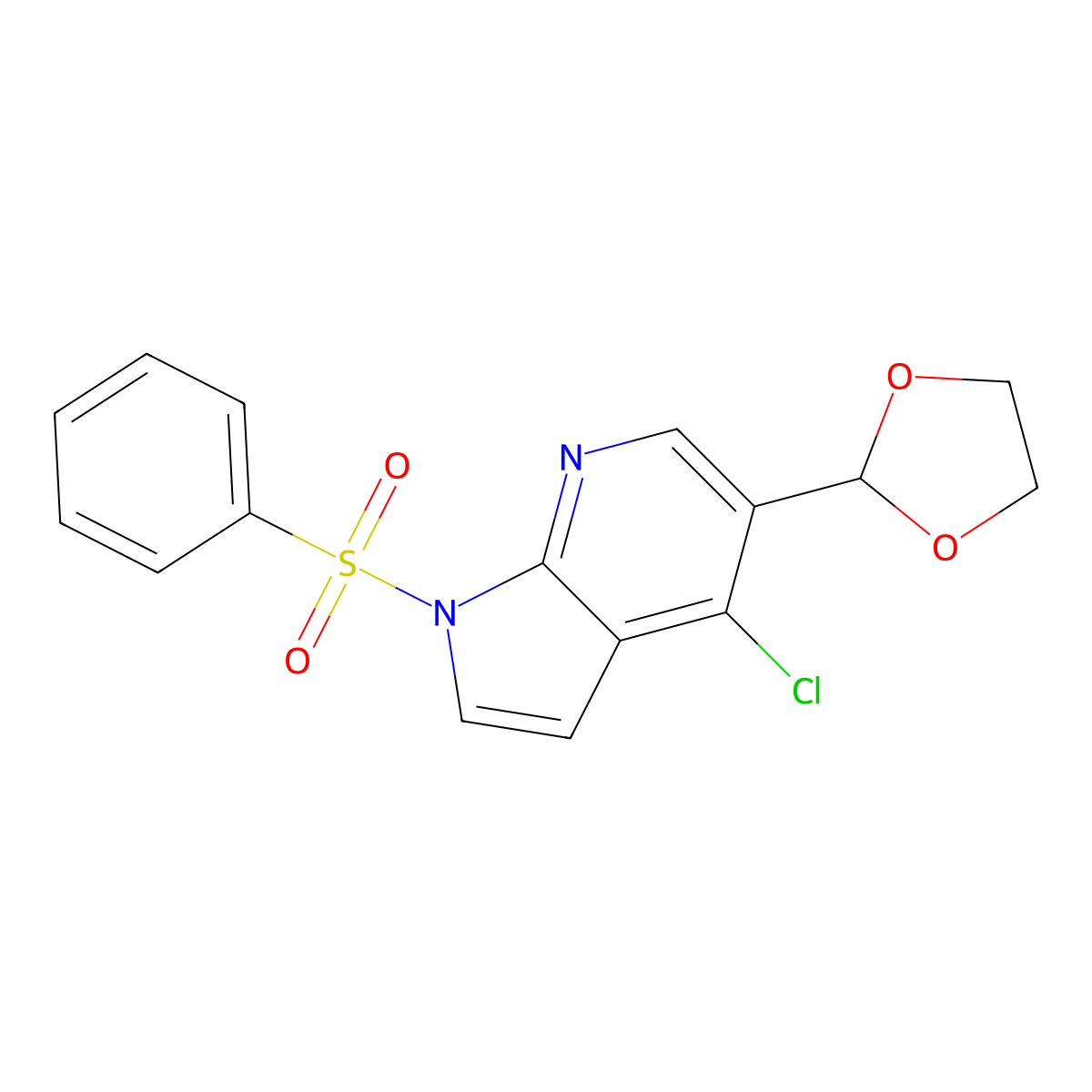 1H-Pyrrolo[2,3-b]pyridine, 4-chloro-5-(1,3-dioxolan-2-yl)-1-(phenylsulfonyl)- molecular structure, CAS 1032815-08-9