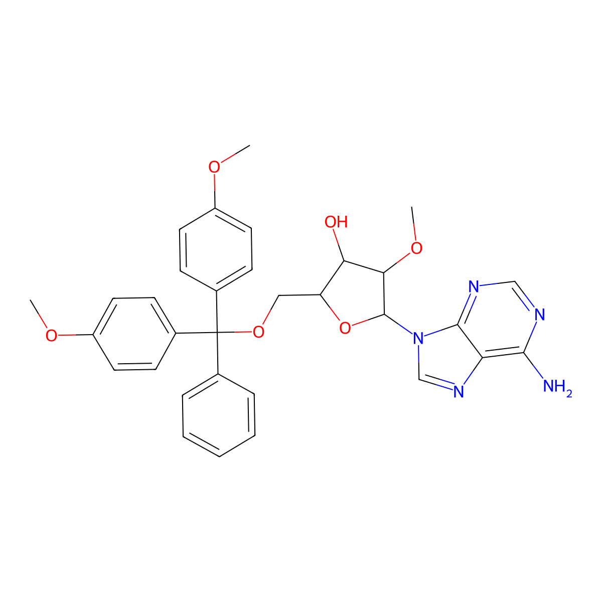 (2R,3R,4R,5R)-5-(6-Amino-9H-purin-9-yl)-2-((bis(4-methoxyphenyl)(phenyl)methoxy)methyl)-4-methoxytetrahydrofuran-3-ol molecular structure, CAS 103285-23-0