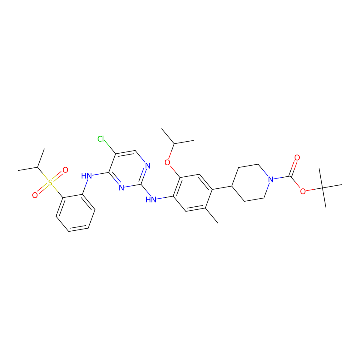 1,1-Dimethylethyl 4-(4-((5-chloro-4-((2-((1-methylethyl)sulfonyl)phenyl)amino)-2-pyrimidinyl)amino)-2-methyl-5-(1-methylethoxy)phenyl)-1-piperidinecarboxylate molecular structure, CAS 1032903-64-2
