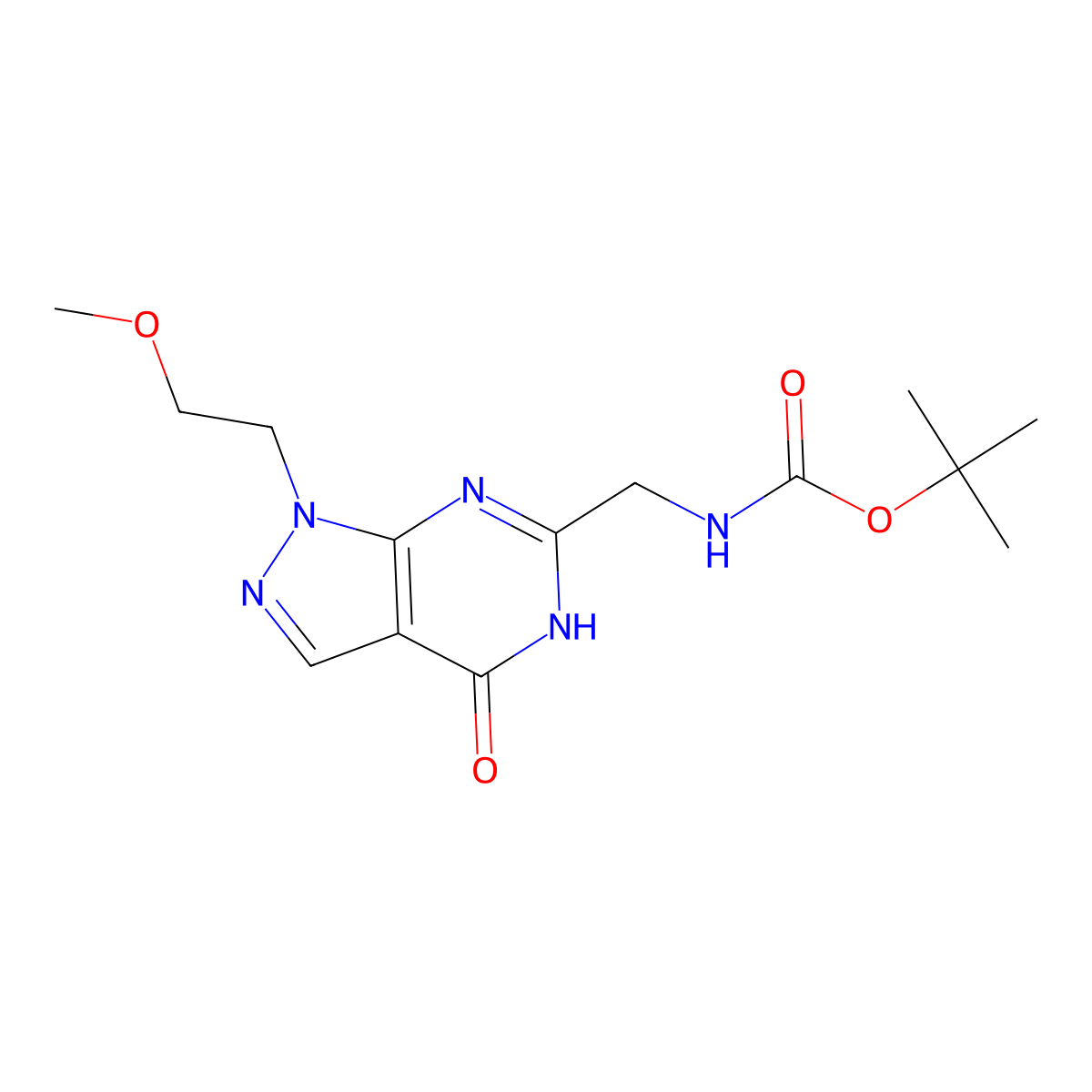 Tert-butyl (1-(2-methoxyethyl)-4-oxo-4,5-dihydro-1H-pyrazolo[3,4-D]pyrimidin-6-YL)methylcarbamate molecular structure, CAS 1033194-53-4