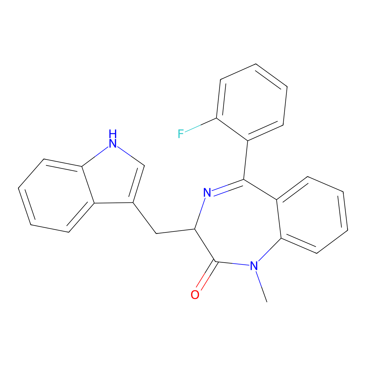 (3R)-5-(2-fluorophenyl)-3-(1H-indol-3-ylmethyl)-1-methyl-3H-1,4-benzodiazepin-2-one molecular structure, CAS 103342-82-1