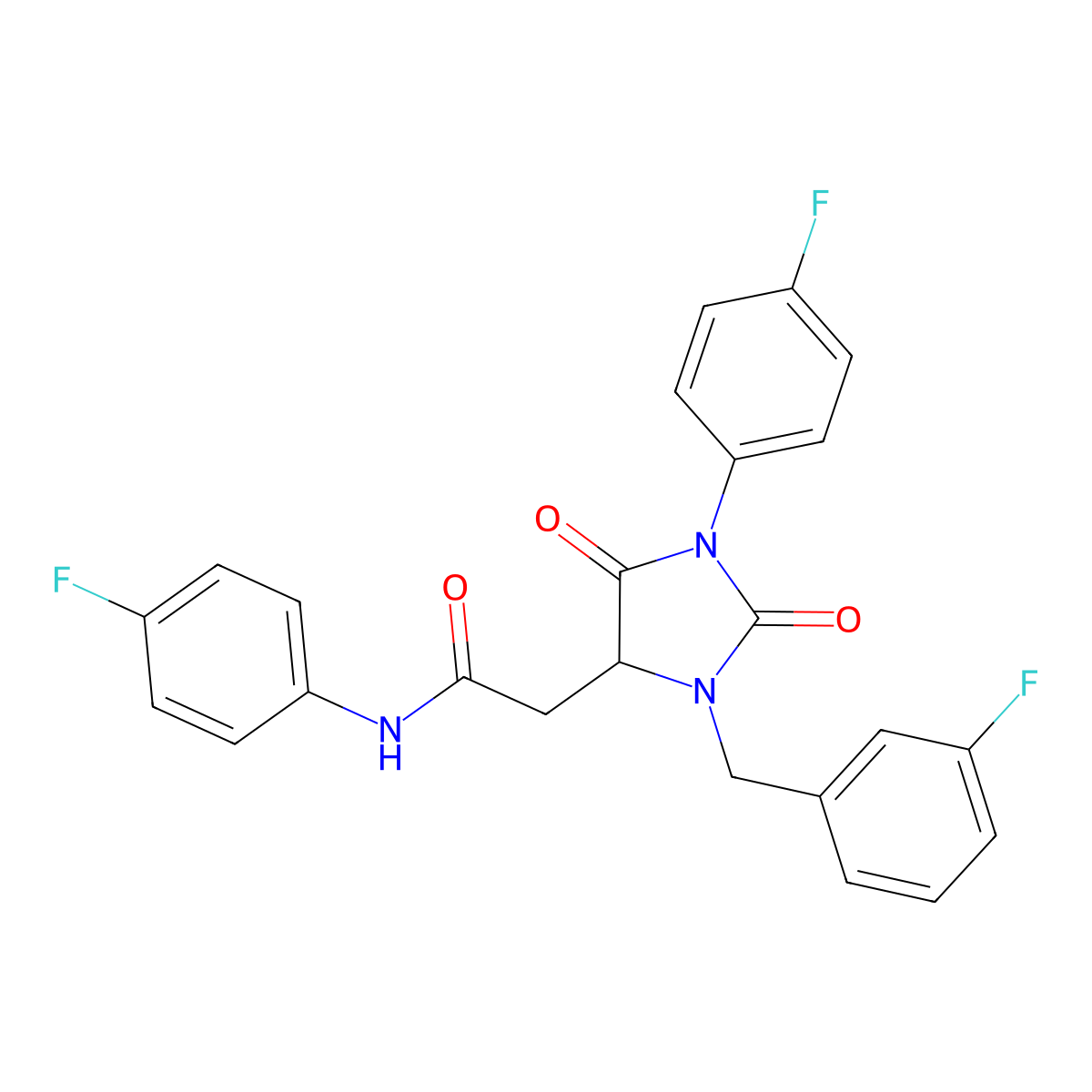 2-[3-(3-fluorobenzyl)-1-(4-fluorophenyl)-2,5-dioxoimidazolidin-4-yl]-N-(4-fluorophenyl)acetamide molecular structure, CAS 1033587-47-1