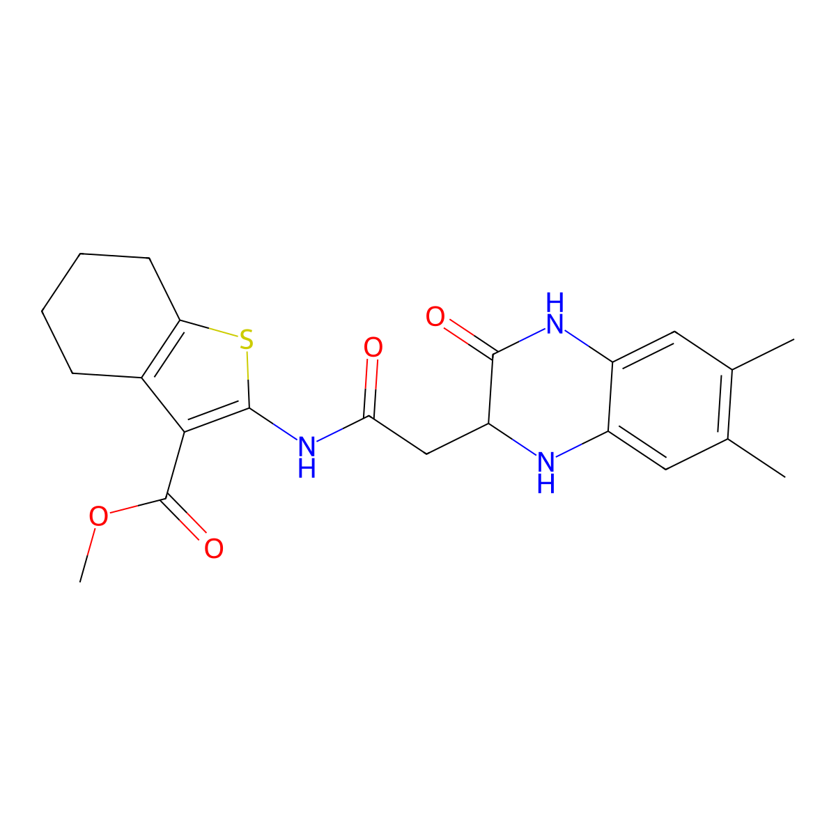 Methyl 2-(2-(6,7-dimethyl-3-oxo-1,2,3,4-tetrahydroquinoxalin-2-yl)acetamido)-4,5,6,7-tetrahydrobenzo[b]thiophene-3-carboxylate molecular structure, CAS 1033591-71-7