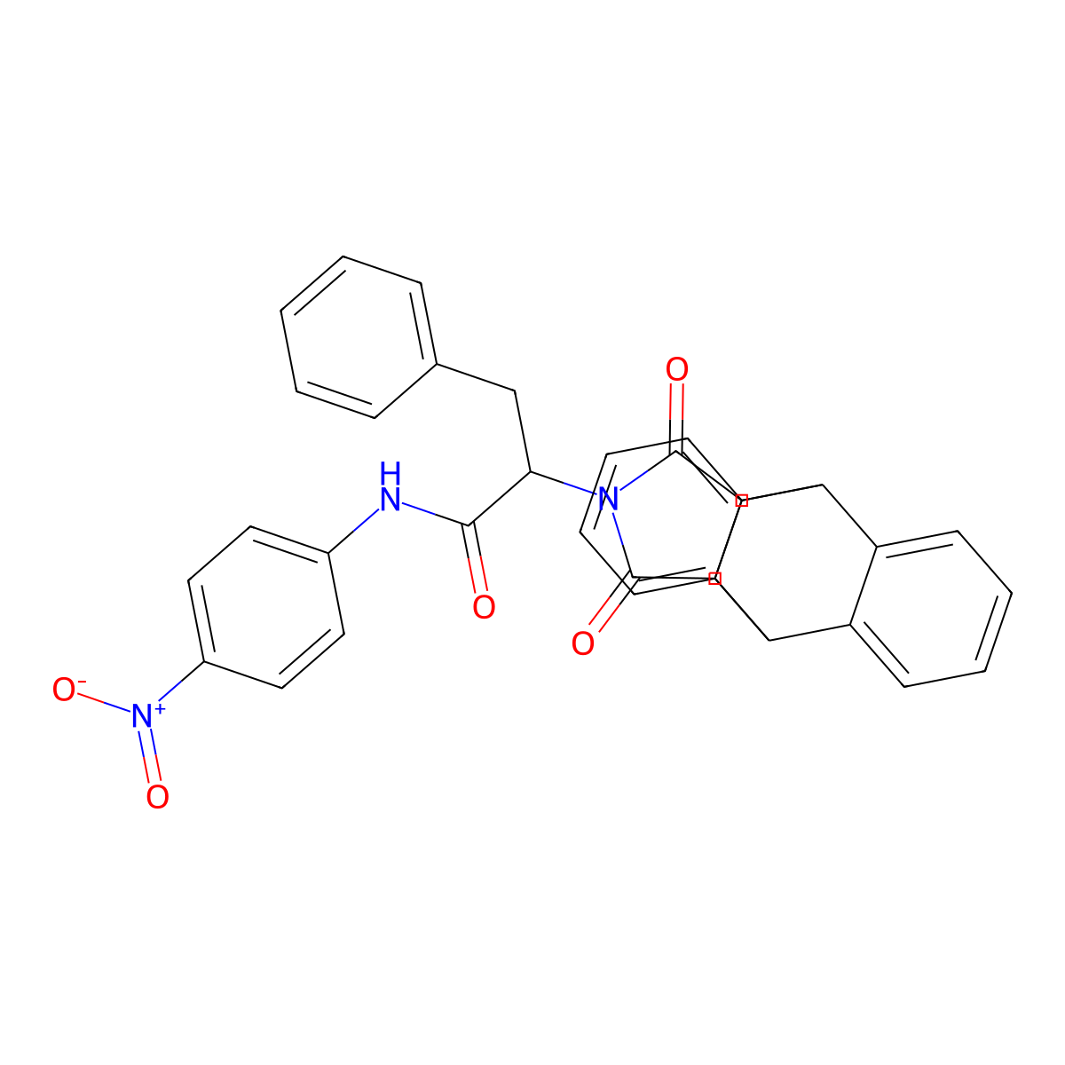 2-(16,18-dioxo-17-azapentacyclo[6.6.5.0~2,7~.0~9,14~.0~15,19~]nonadeca-2,4,6,9,11,13-hexaen-17-yl)-N-(4-nitrophenyl)-3-phenylpropanamide (non-preferred name) molecular structure, CAS 1033699-30-7