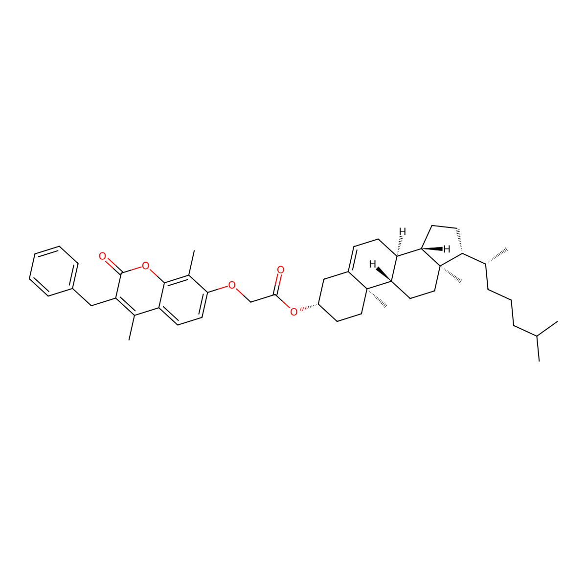 [(3S,8S,9S,10R,13R,14S,17R)-10,13-dimethyl-17-[(2R)-6-methylheptan-2-yl]-2,3,4,7,8,9,11,12,14,15,16,17-dodecahydro-1H-cyclopenta[a]phenanthren-3-yl] 2-(3-benzyl-4,8-dimethyl-2-oxochromen-7-yl)oxyacetate molecular structure, CAS 1033751-01-7