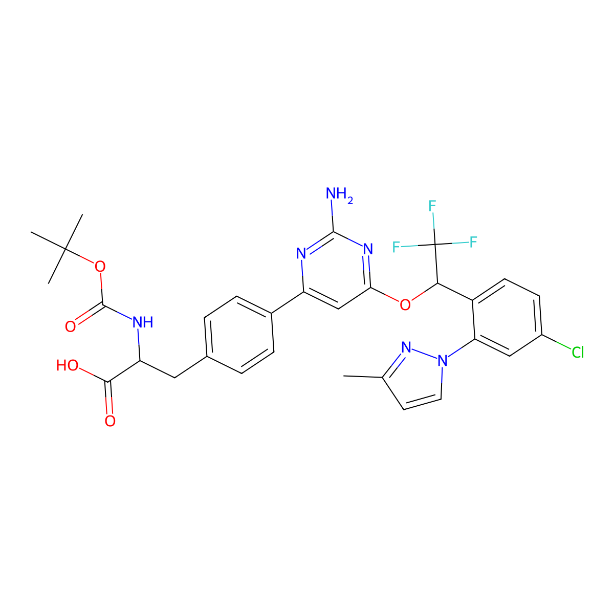 (S)-3-(4-(2-amino-6-((R)-1-(4-chloro-2-(3-methyl-1H-pyrazol-1-yl)phenyl)-2,2,2-trifluoroethoxy)pyrimidin-4-yl)phenyl)-2-((tert-butoxycarbonyl)amino)propanoic acid molecular structure, CAS 1033805-27-4