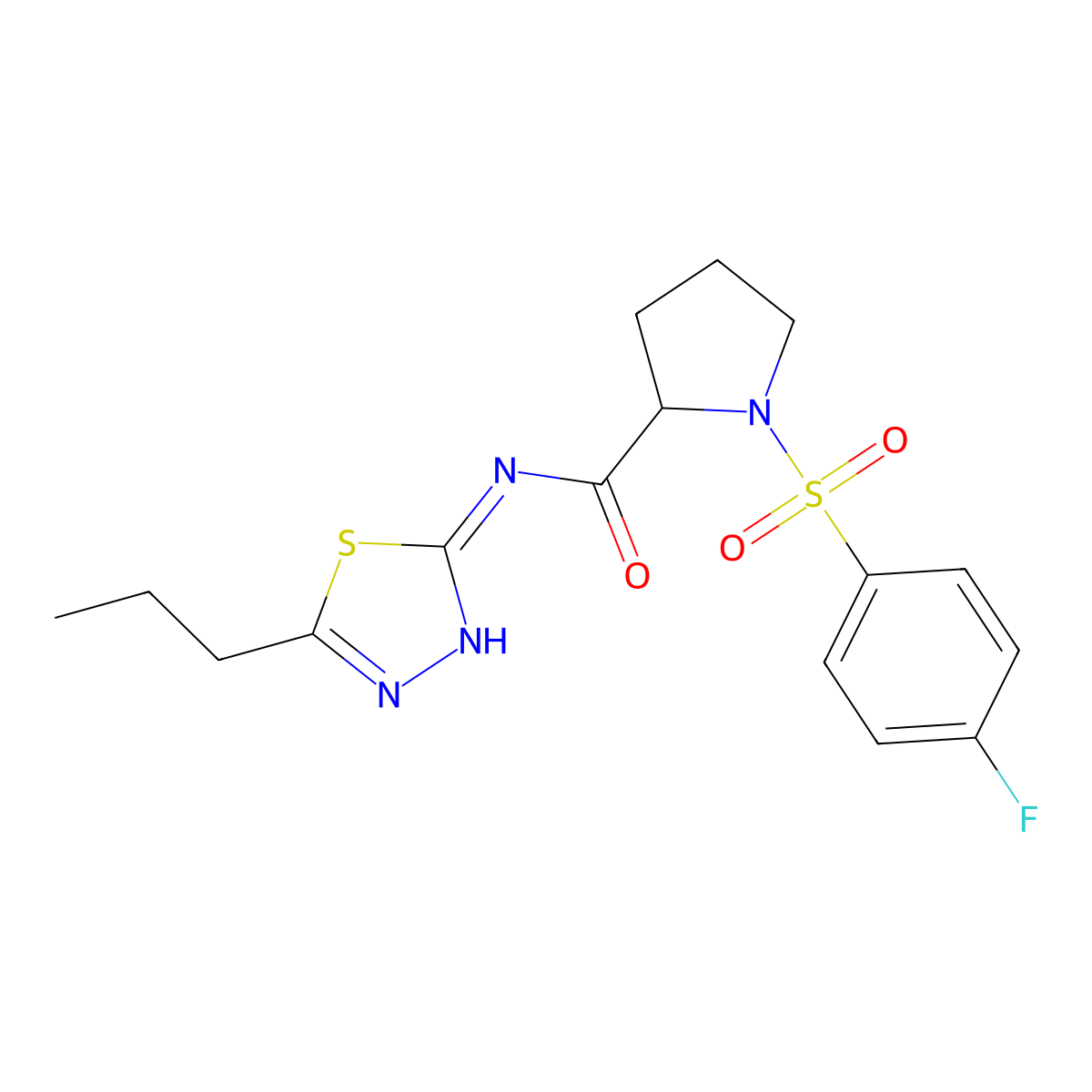 (E)-1-[(4-fluorophenyl)sulfonyl]-N-(5-propyl-1,3,4-thiadiazol-2(3H)-ylidene)prolinamide molecular structure, CAS 1033851-11-4