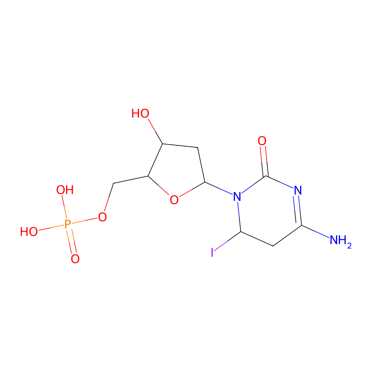 [5-(6-Amino-4-iodo-2-oxo-4,5-dihydropyrimidin-3-yl)-3-hydroxyoxolan-2-yl]methyl dihydrogen phosphate molecular structure, CAS 1033942-30-1
