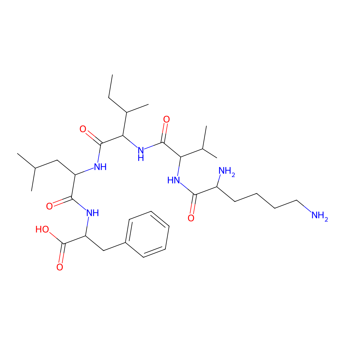 2-[[2-[[2-[[2-(2,6-Diaminohexanoylamino)-3-methylbutanoyl]amino]-3-methylpentanoyl]amino]-4-methylpentanoyl]amino]-3-phenylpropanoic acid molecular structure, CAS 103404-59-7