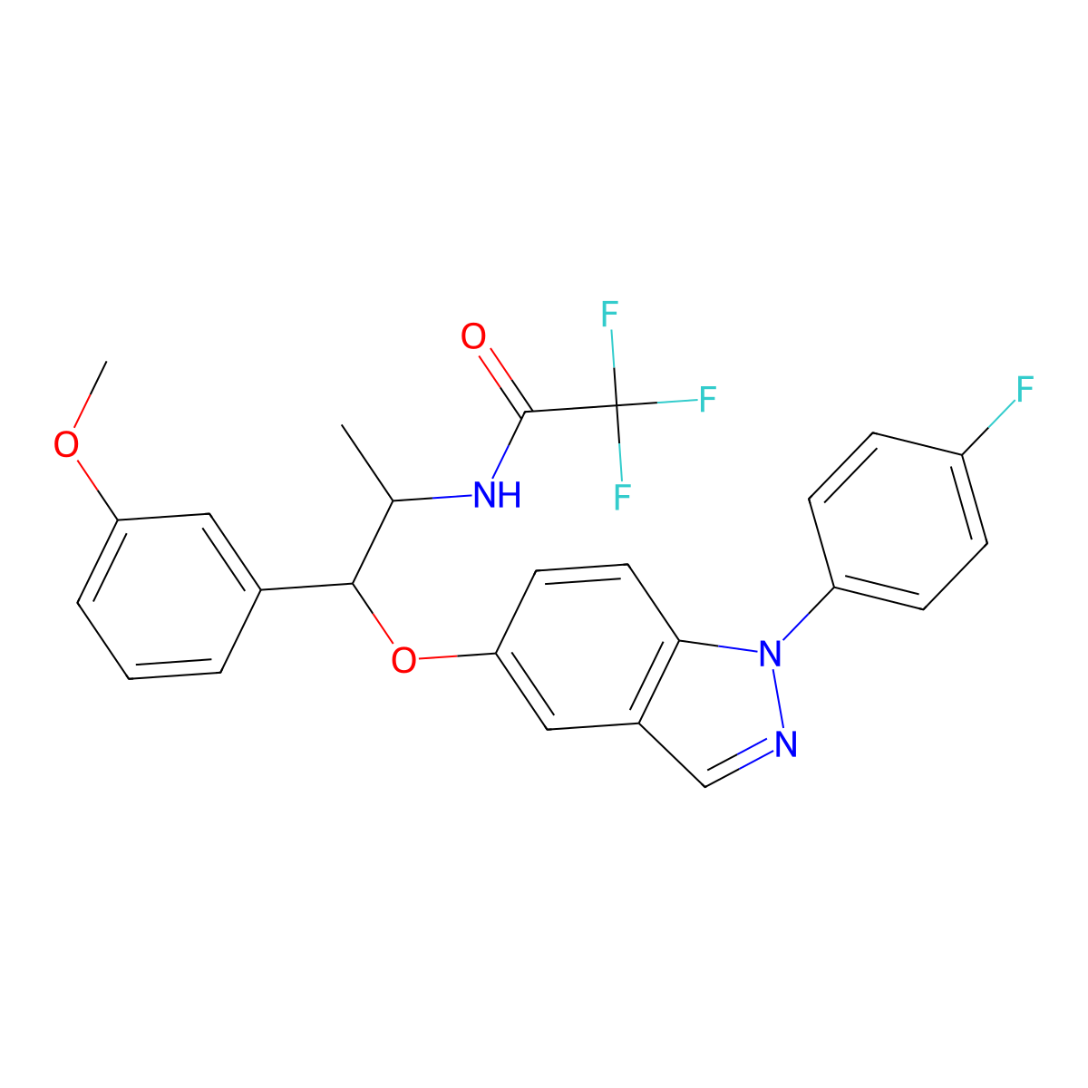2,2,2-trifluoro-N-((1S,2R)-2-((1-(4-fluorophenyl)-1H-indazol-5-yl)oxy)-2-(3-methoxyphenyl)-1-methylethyl)acetamide molecular structure, CAS 1034148-04-3