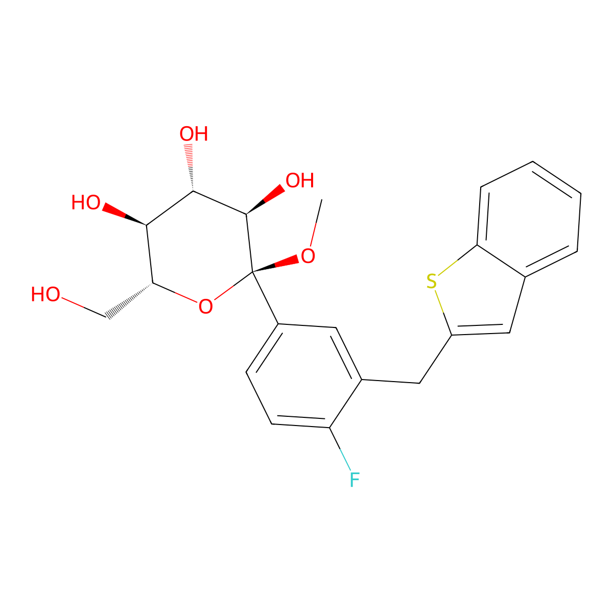 Methyl 1-C-[3-(benzo[b]thien-2-ylmethyl)-4-fluorophenyl]-alpha-D-glucopyranoside molecular structure, CAS 1034305-23-1