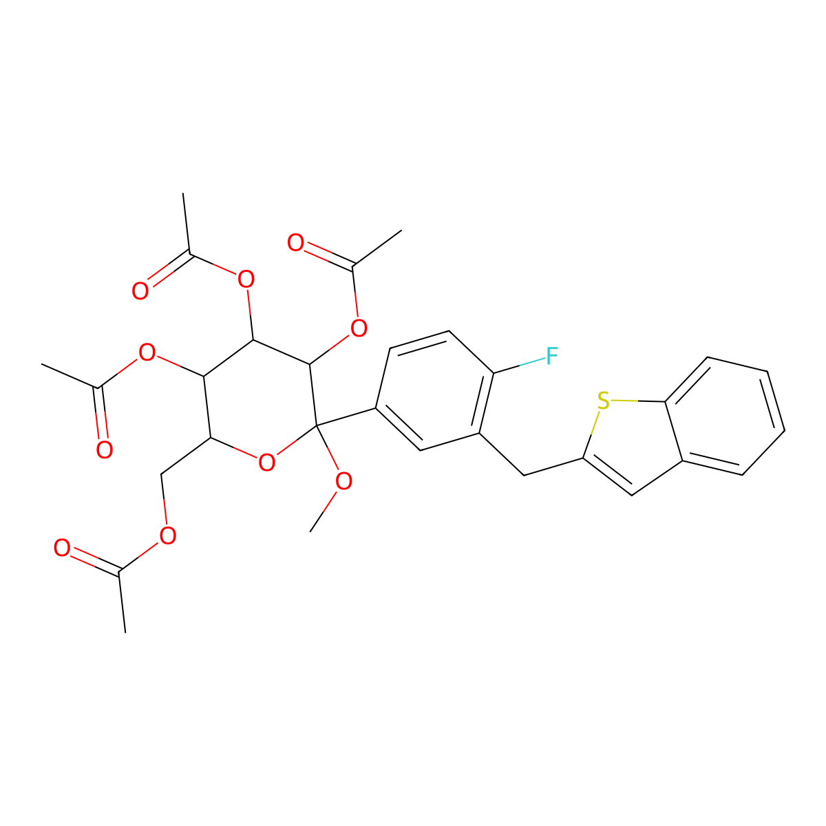 [3,4,5-Triacetyloxy-6-[3-(1-benzothiophen-2-ylmethyl)-4-fluorophenyl]-6-methoxyoxan-2-yl]methyl acetate molecular structure, CAS 1034305-27-5
