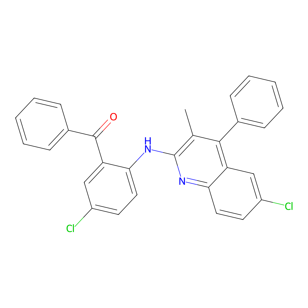 {5-Chloro-2-[(6-chloro-3-methyl-4-phenylquinolin-2-yl)amino]phenyl}(phenyl)methanone molecular structure, CAS 10352-32-6