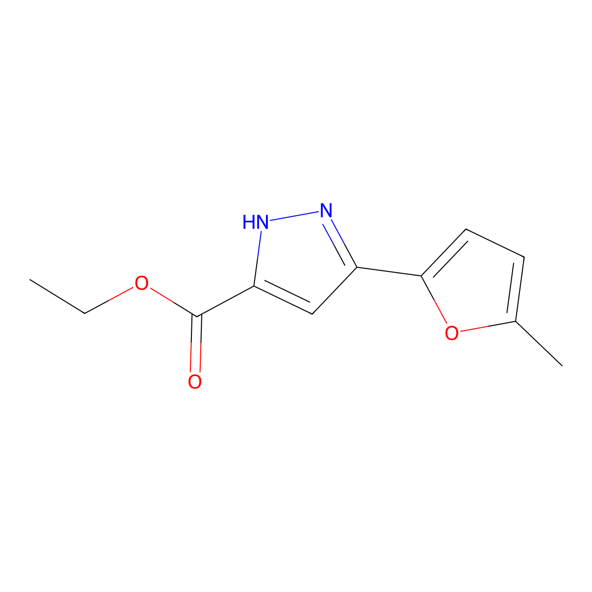Ethyl 5-(5-methylfuran-2-yl)-1H-pyrazole-3-carboxylate molecular structure, CAS 1036000-39-1