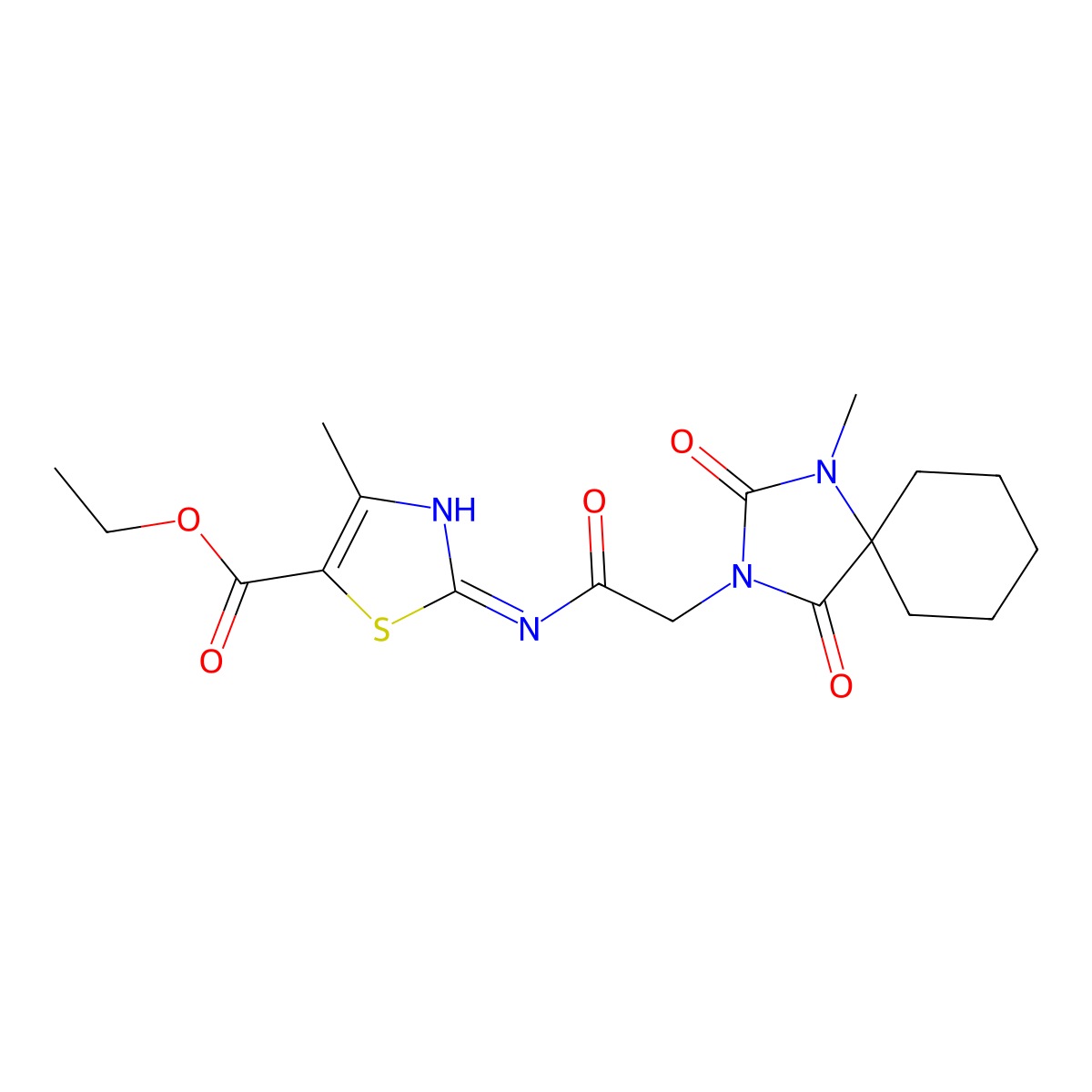 ethyl (2E)-4-methyl-2-{[(1-methyl-2,4-dioxo-1,3-diazaspiro[4.5]dec-3-yl)acetyl]imino}-2,3-dihydro-1,3-thiazole-5-carboxylate molecular structure, CAS 1036097-67-2