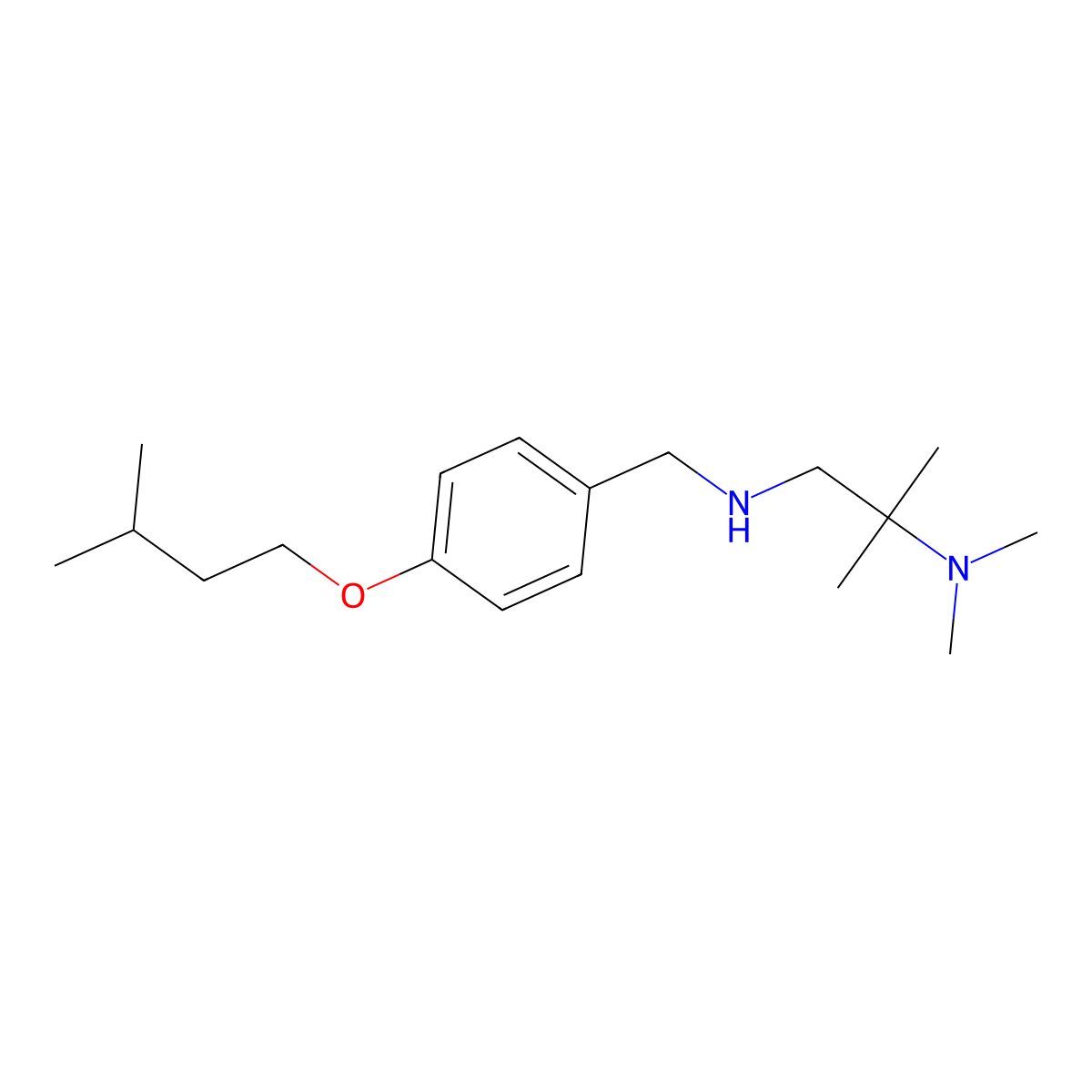 Dimethyl[2-methyl-1-({[4-(3-methylbutoxy)phenyl]methyl}amino)propan-2-yl]amine molecular structure, CAS 1036446-89-5