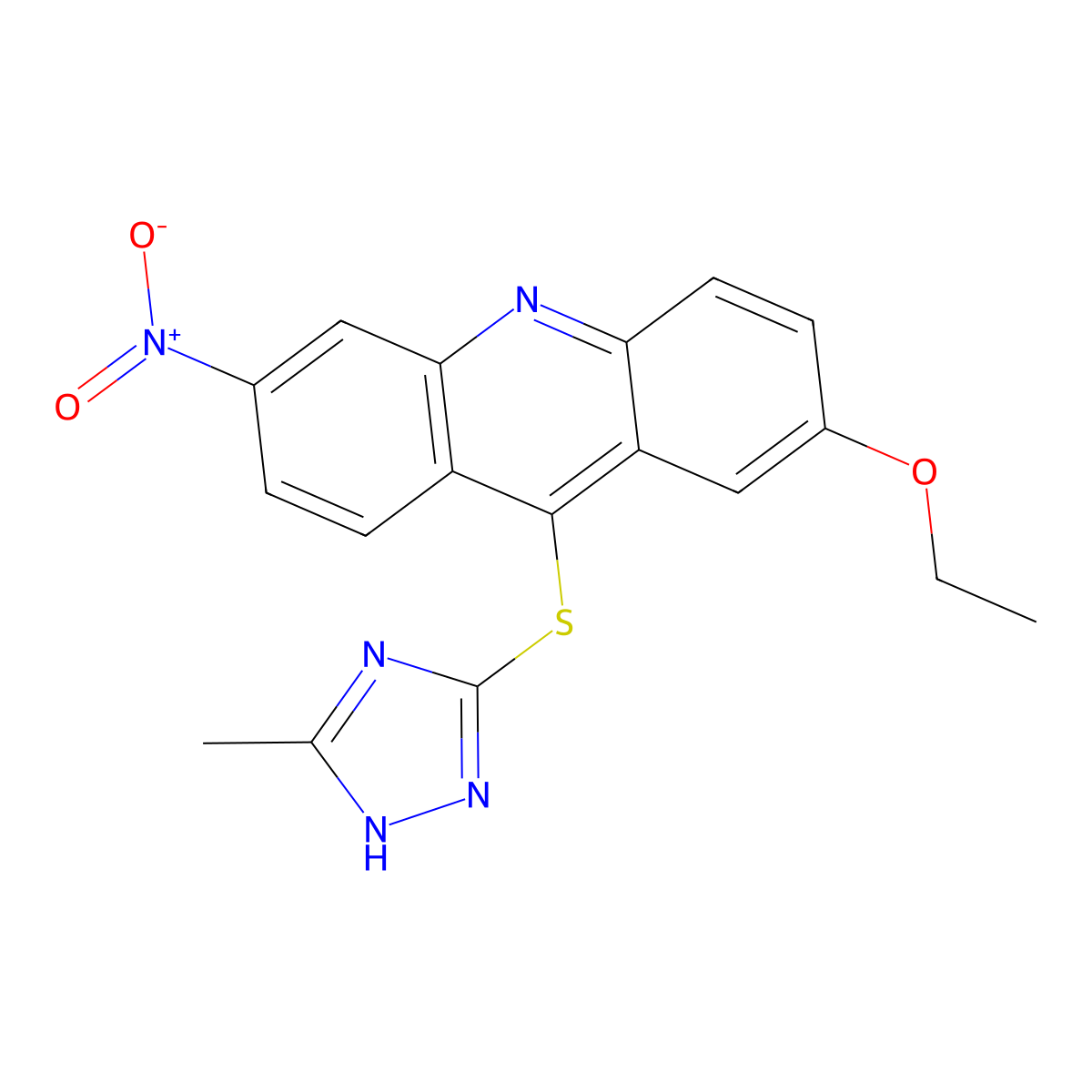 Acridine, 2-ethoxy-9-((5-methyl-1H-1,2,4-triazol-3-yl)thio)-6-nitro- molecular structure, CAS 103654-46-2