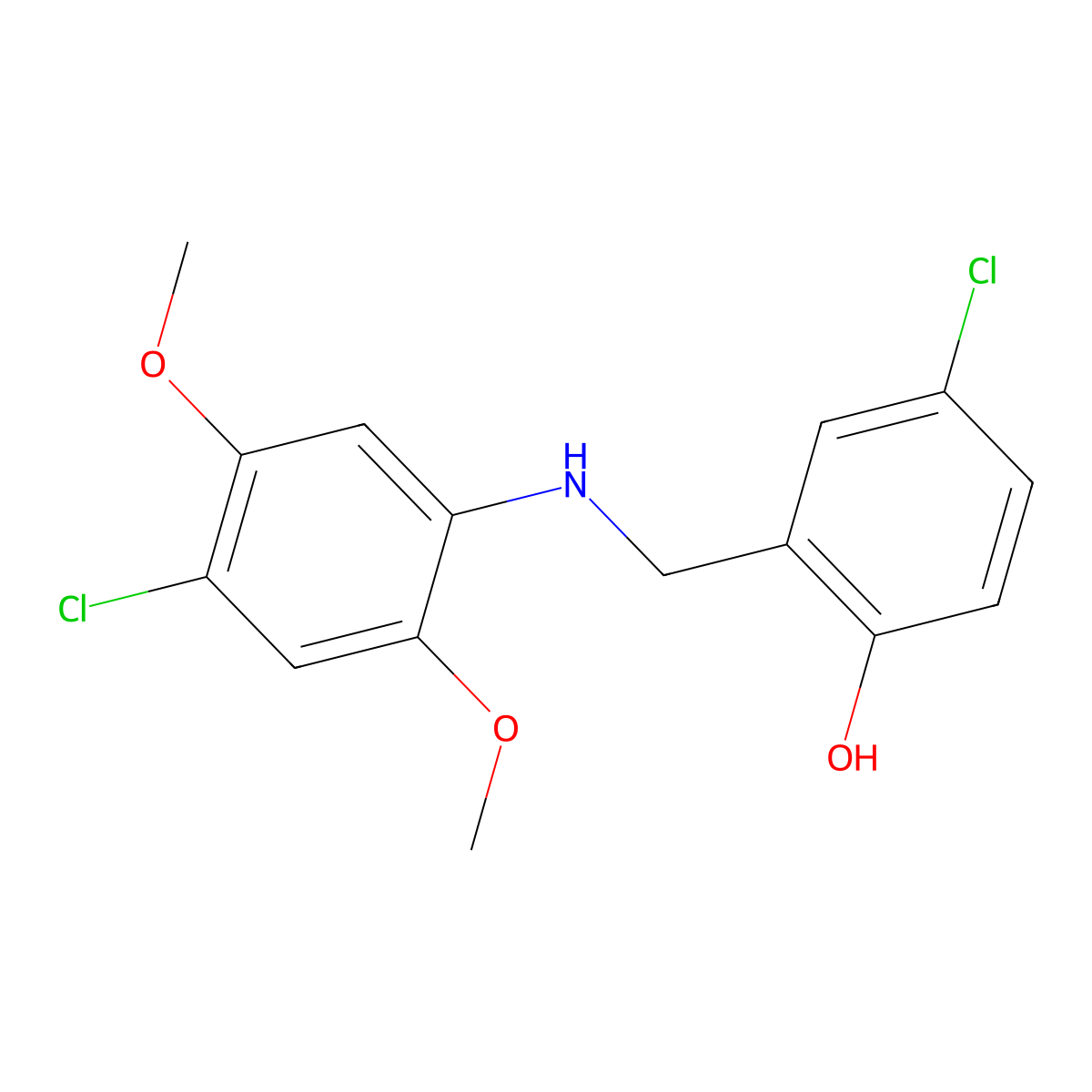 4-Chloro-2-{[(4-chloro-2,5-dimethoxyphenyl)amino]methyl}phenol molecular structure, CAS 1036599-40-2