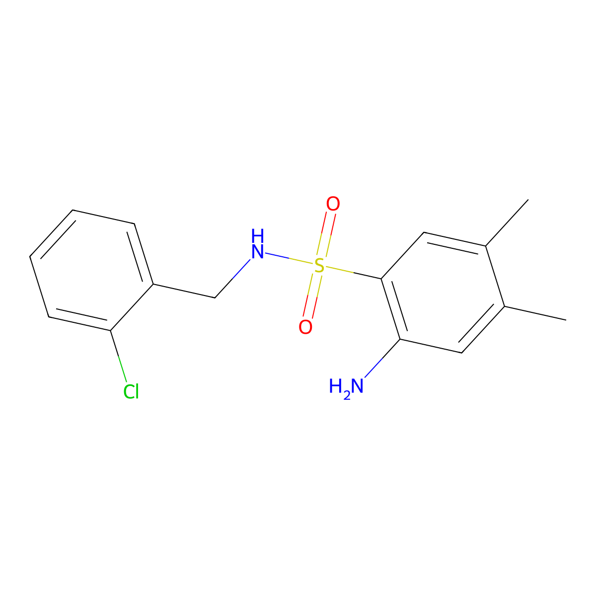 2-amino-N-((2-chlorophenyl)methyl)-4,5-dimethylbenzene-1-sulfonamide molecular structure, CAS 1036616-28-0