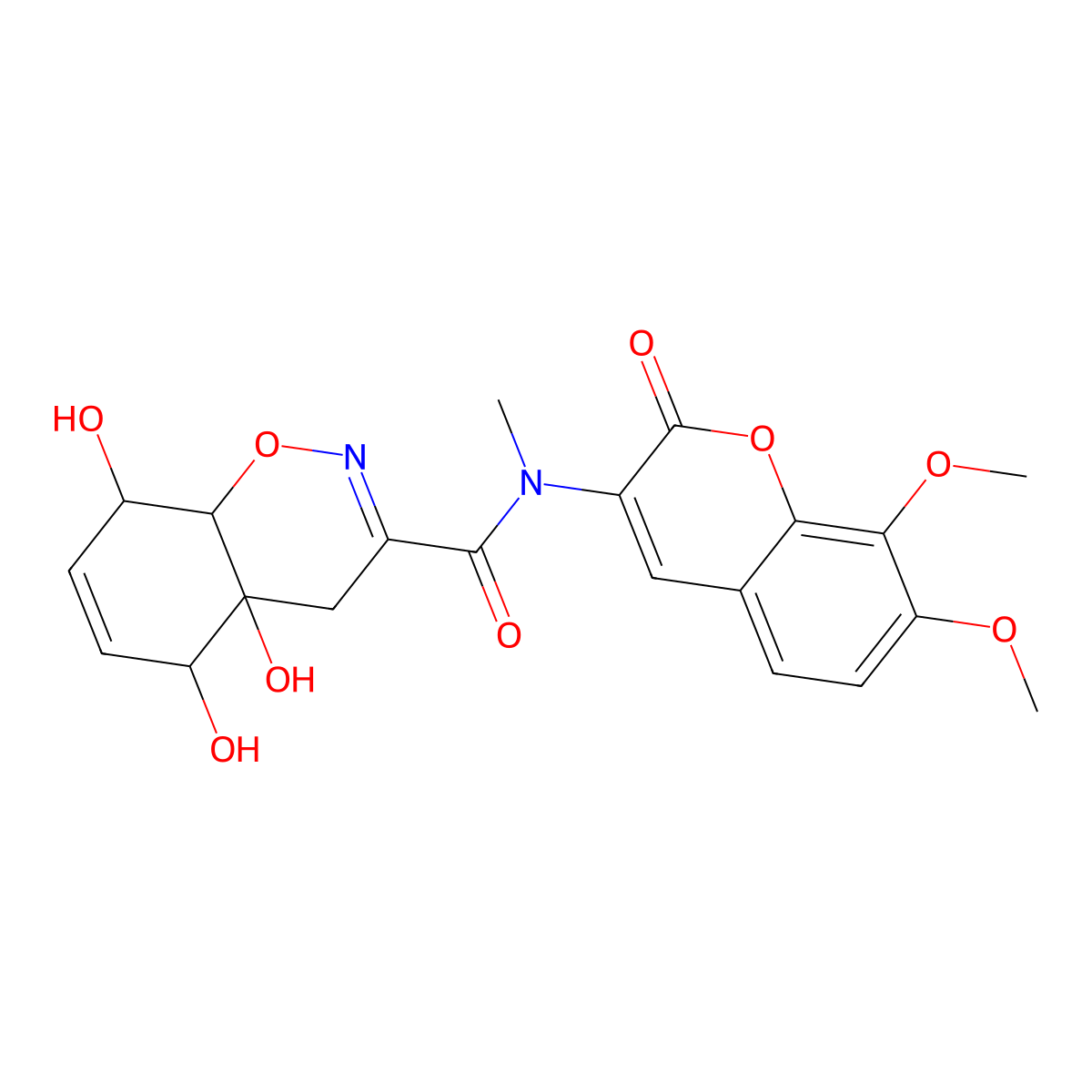 N-(7,8-Dimethoxy-2-oxochromen-3-YL)-4A,5,8-trihydroxy-N-methyl-4,5,8,8A-tetrahydro-1,2-benzoxazine-3-carboxamide molecular structure, CAS 1036712-09-0