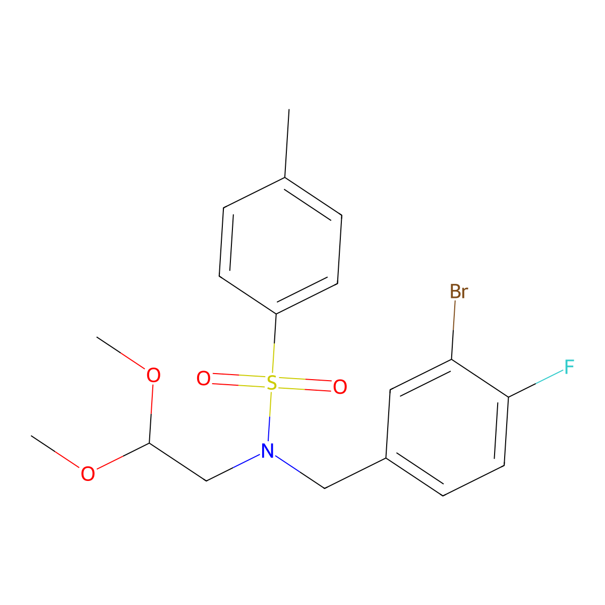 Benzenesulfonamide, N-[(3-bromo-4-fluorophenyl)methyl]-N-(2,2-dimethoxyethyl)-4-methyl- molecular structure, CAS 1036712-62-5