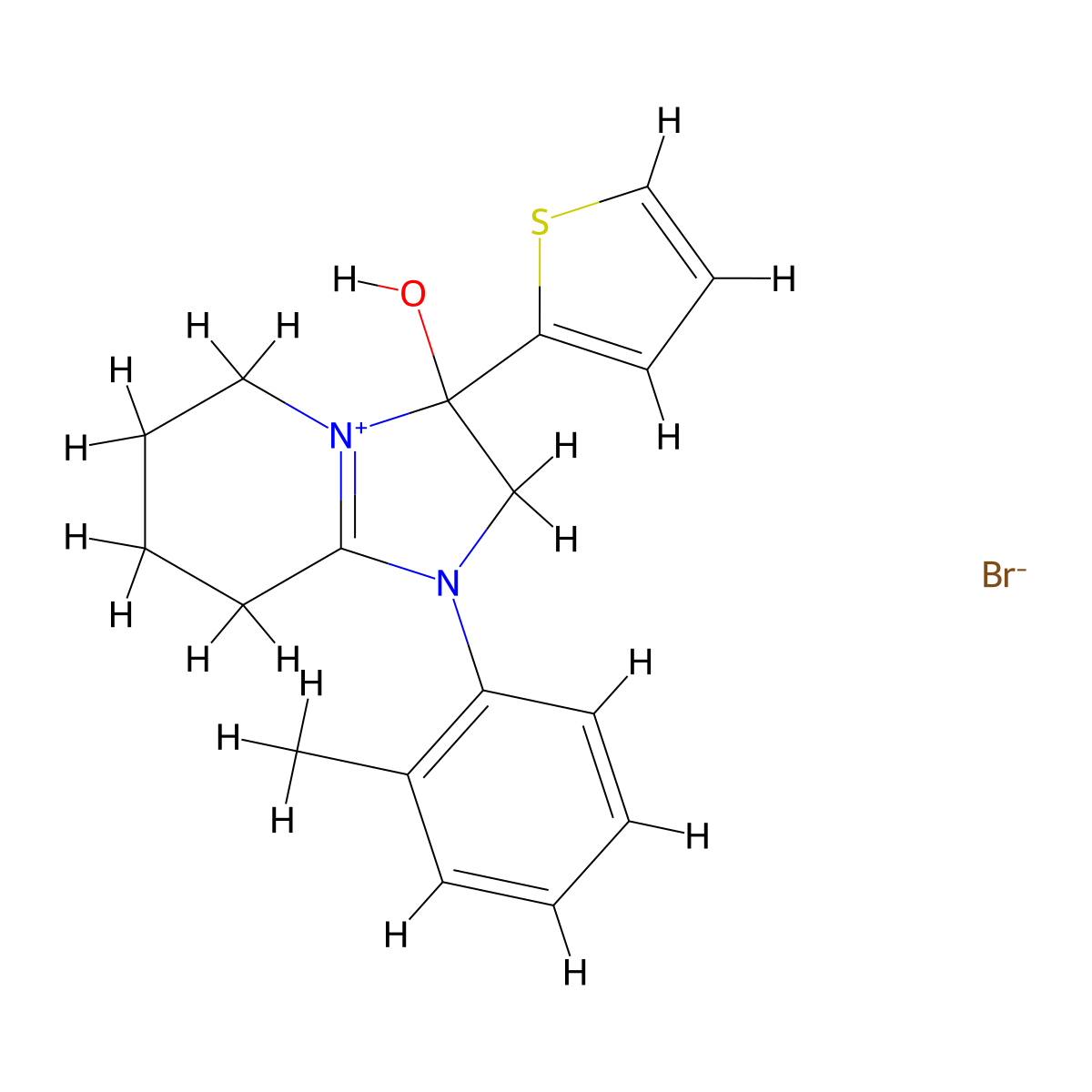 3-Hydroxy-3-(thiophen-2-yl)-1-(o-tolyl)-2,3,5,6,7,8-hexahydroimidazo[1,2-a]pyridin-1-ium bromide molecular structure, CAS 1036725-07-1