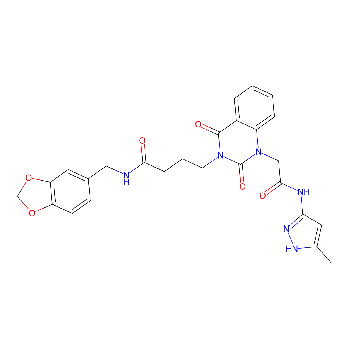 N-(1,3-benzodioxol-5-ylmethyl)-4-[1-[2-[(5-methyl-1H-pyrazol-3-yl)amino]-2-oxoethyl]-2,4-dioxoquinazolin-3-yl]butanamide molecular structure, CAS 1036727-06-6
