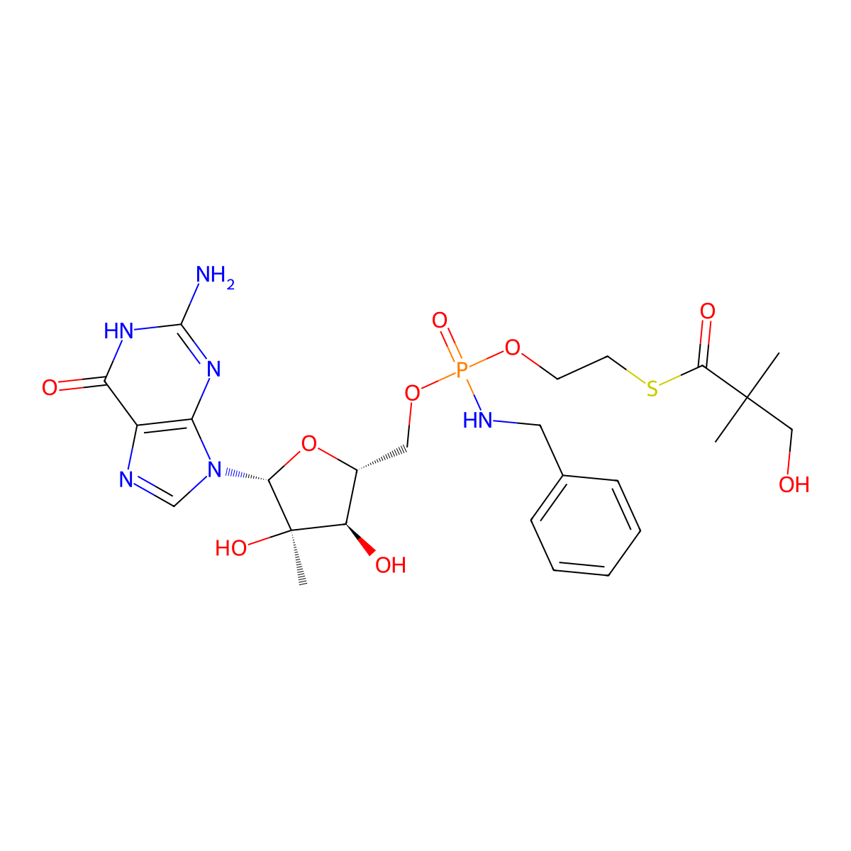 Guanosine, 2'-C-methyl-, 5'-(2-((3-hydroxy-2,2-dimethyl-1-oxopropyl)thio)ethyl N-(phenylmethyl)phosphoramidate) molecular structure, CAS 1036915-08-8