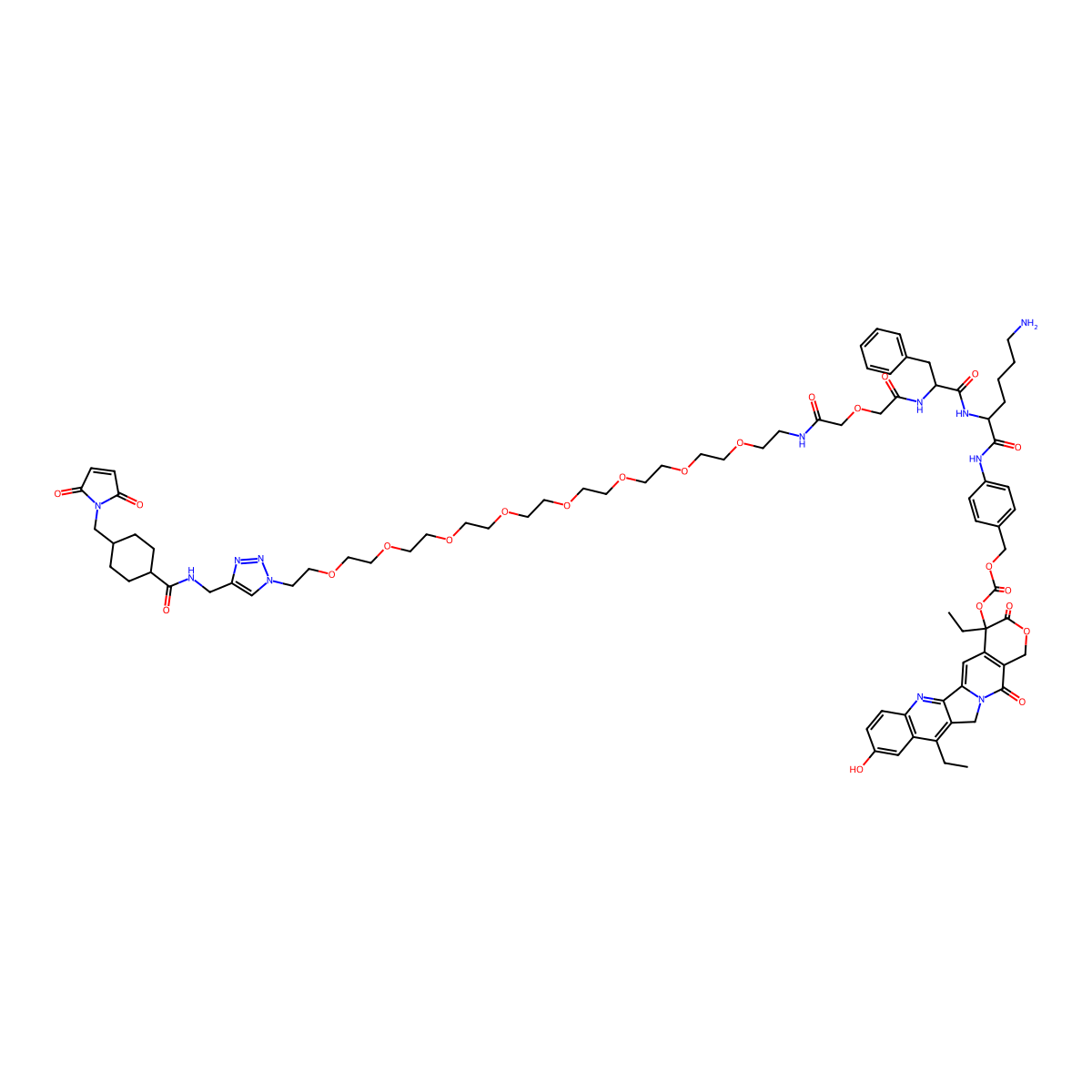 [4-[[(2S)-6-amino-2-[[(2S)-2-[[2-[2-[2-[2-[2-[2-[2-[2-[2-[2-[2-[4-[[[4-[(2,5-dioxopyrrol-1-yl)methyl]cyclohexanecarbonyl]amino]methyl]triazol-1-yl]ethoxy]ethoxy]ethoxy]ethoxy]ethoxy]ethoxy]ethoxy]ethoxy]ethylamino]-2-oxoethoxy]acetyl]amino]-3-phenylpropanoyl]amino]hexanoyl]amino]phenyl]methyl [(19S)-10,19-diethyl-7-hydroxy-14,18-dioxo-17-oxa-3,13-diazapentacyclo[11.8.0.02,11.04,9.015,20]henicosa-1(21),2,4(9),5,7,10,15(20)-heptaen-19-yl] carbonate molecular structure, CAS 1036969-20-6