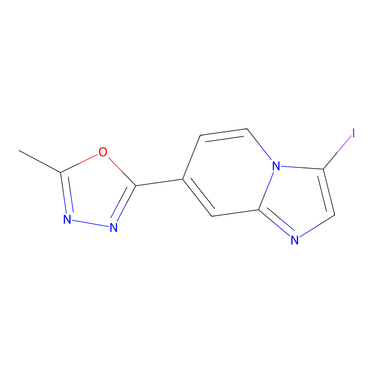 2-{3-Iodoimidazo[1,2-a]pyridin-7-yl}-5-methyl-1,3,4-oxadiazole molecular structure, CAS 1036991-37-3