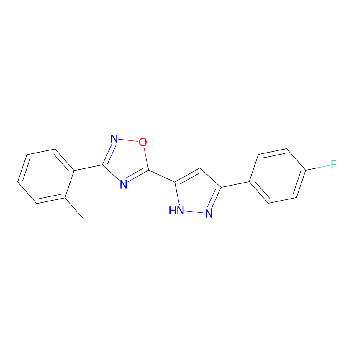 5-[3-(4-fluorophenyl)-1H-pyrazol-5-yl]-3-(2-methylphenyl)-1,2,4-oxadiazole molecular structure, CAS 1037193-43-3