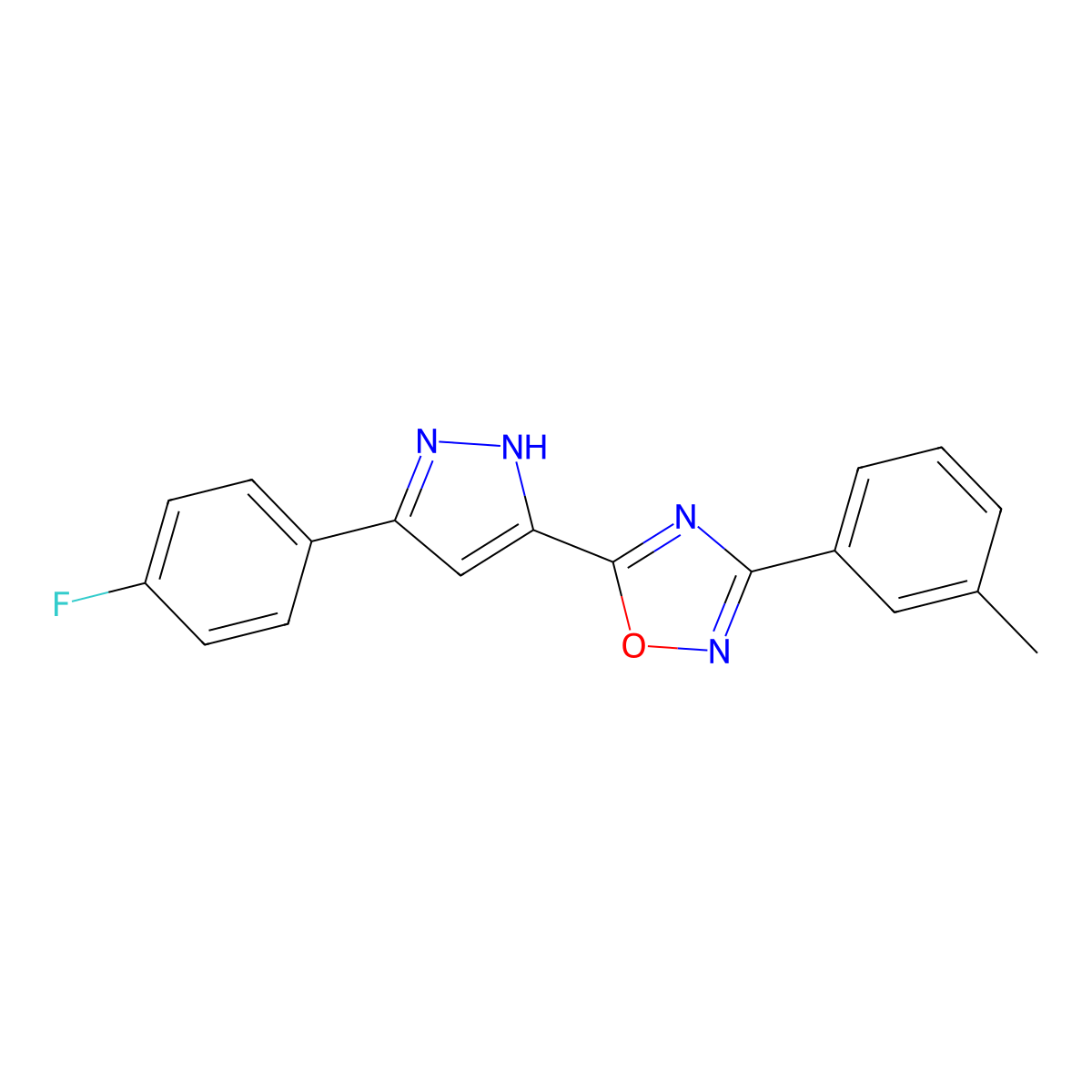 5-[3-(4-fluorophenyl)-1H-pyrazol-5-yl]-3-(3-methylphenyl)-1,2,4-oxadiazole molecular structure, CAS 1037194-33-4