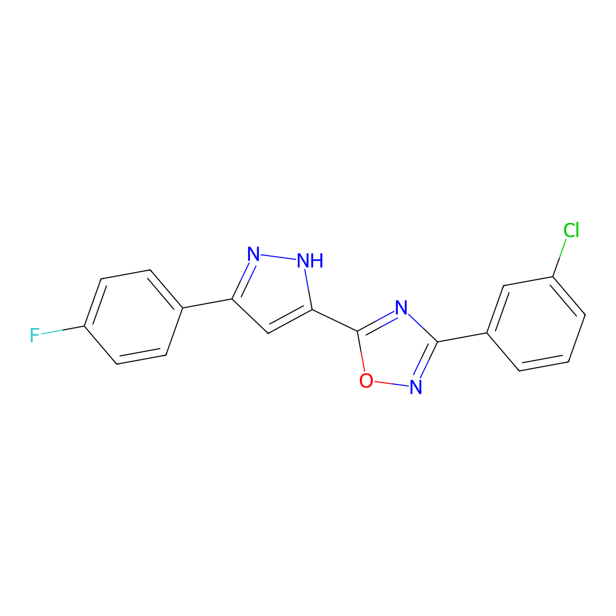3-(3-chlorophenyl)-5-[3-(4-fluorophenyl)-1H-pyrazol-5-yl]-1,2,4-oxadiazole molecular structure, CAS 1037195-47-3