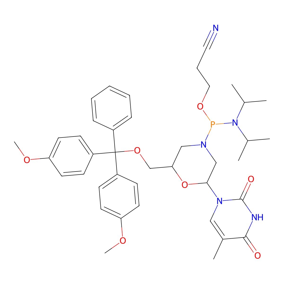 7'-O-DMT-morpholino-5-methyluridine-N'-CE phosphoramidite molecular structure, CAS 1037305-43-3