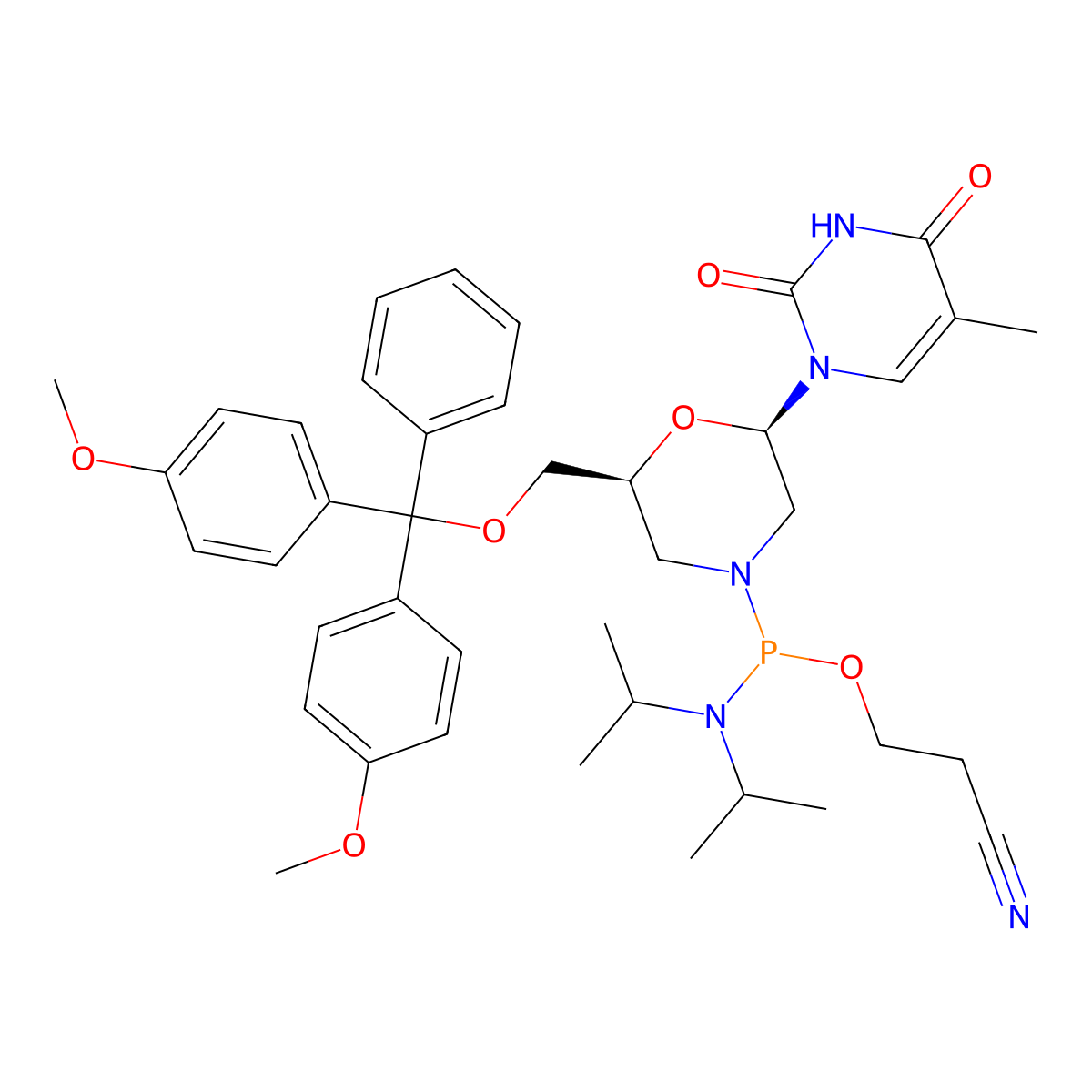 7'-O-DMT-morpholino-5-methyluridine-N'-CE phosphoramidite molecular structure, CAS 1037305-43-3