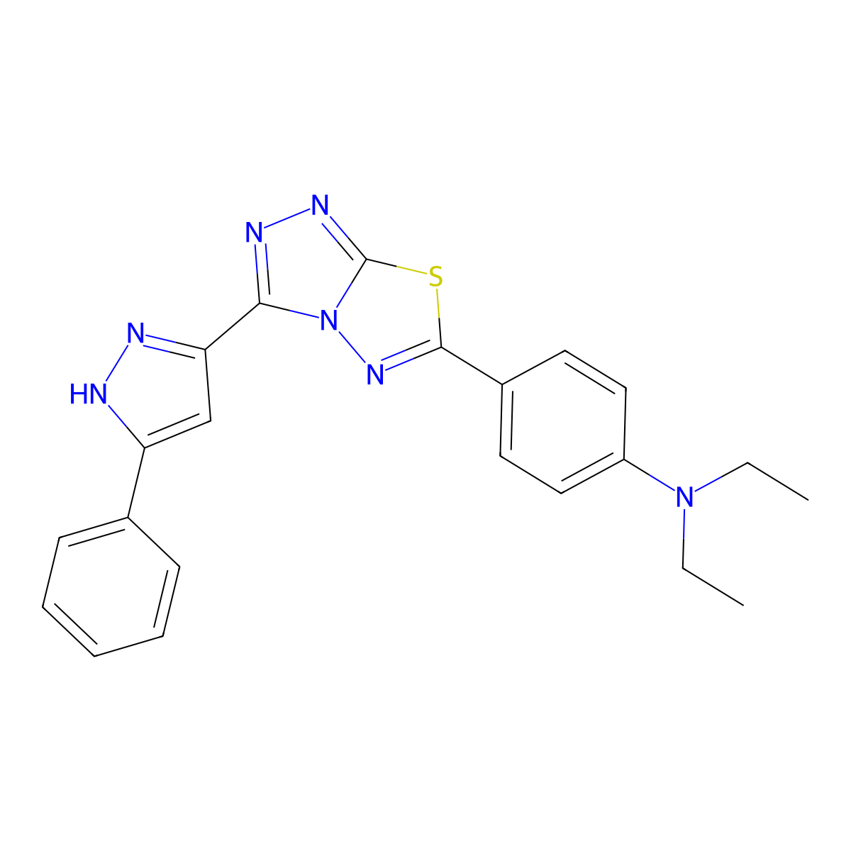 N,N-diethyl-4-[3-(5-phenyl-1H-pyrazol-3-yl)[1,2,4]triazolo[3,4-b][1,3,4]thiadiazol-6-yl]aniline molecular structure, CAS 1037565-37-9