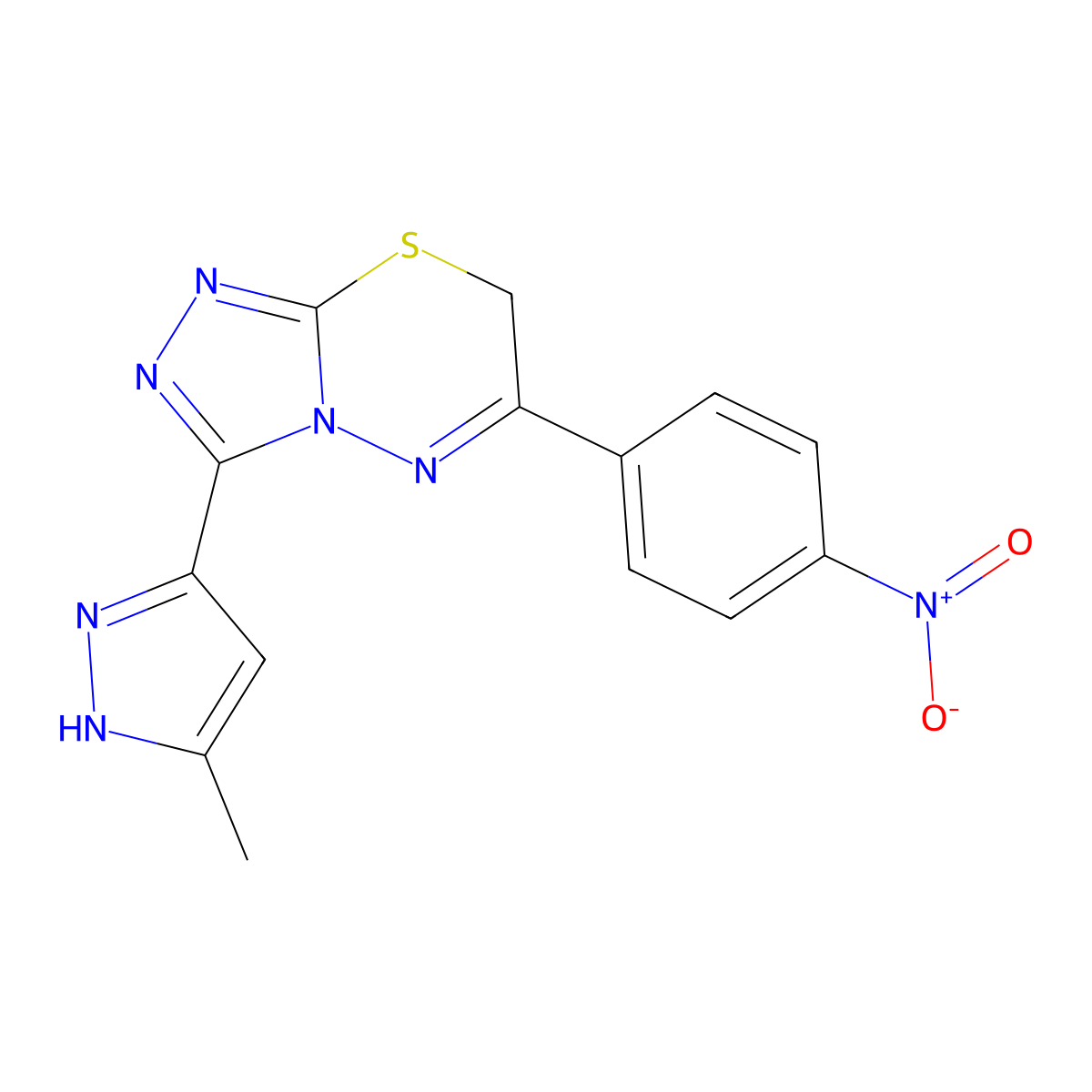 3-(5-methyl-1H-pyrazol-3-yl)-6-(4-nitrophenyl)-7H-[1,2,4]triazolo[3,4-b][1,3,4]thiadiazine molecular structure, CAS 1037567-50-2