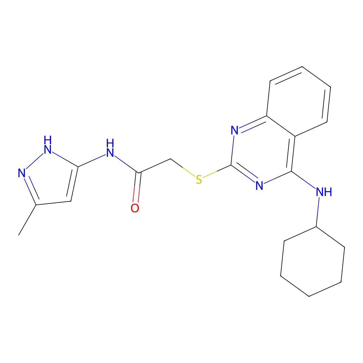 2-[4-(cyclohexylamino)quinazolin-2-yl]sulfanyl-N-(5-methyl-1H-pyrazol-3-yl)acetamide molecular structure, CAS 1037749-63-5