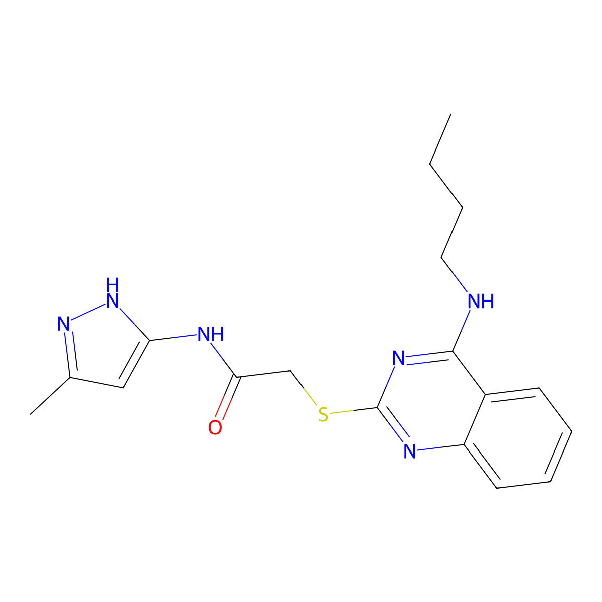 2-[4-(butylamino)quinazolin-2-yl]sulfanyl-N-(5-methyl-1H-pyrazol-3-yl)acetamide molecular structure, CAS 1037776-39-8