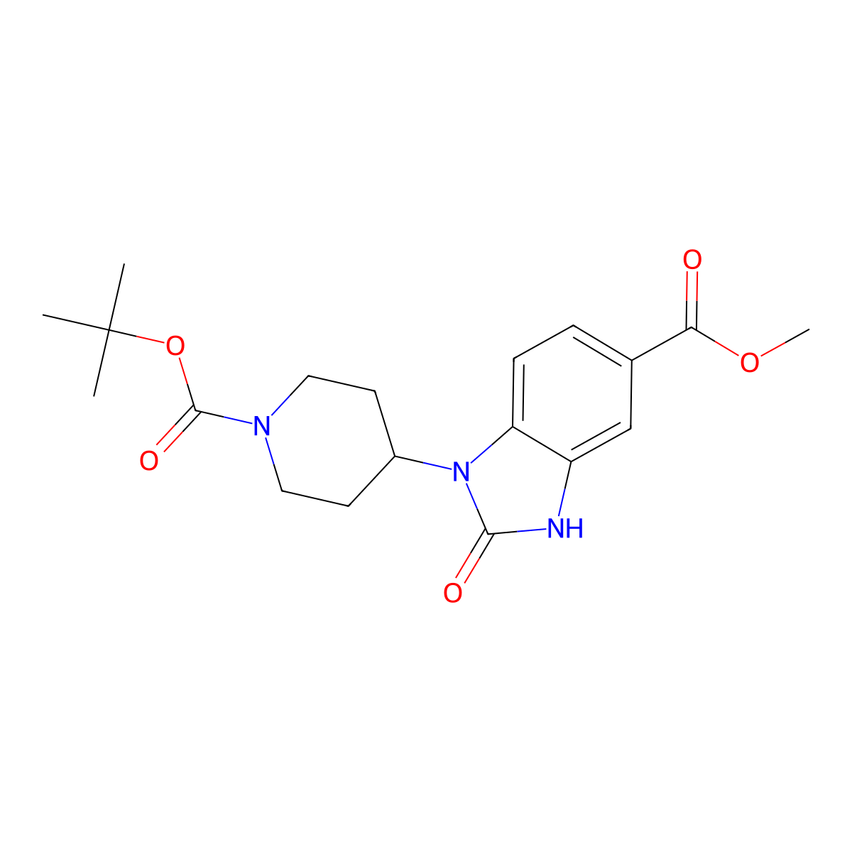 Methyl 1-[1-[(1,1-dimethylethoxy)carbonyl]-4-piperidinyl]-2,3-dihydro-2-oxo-1H-benzimidazole-5-carboxylate molecular structure, CAS 1037833-91-2